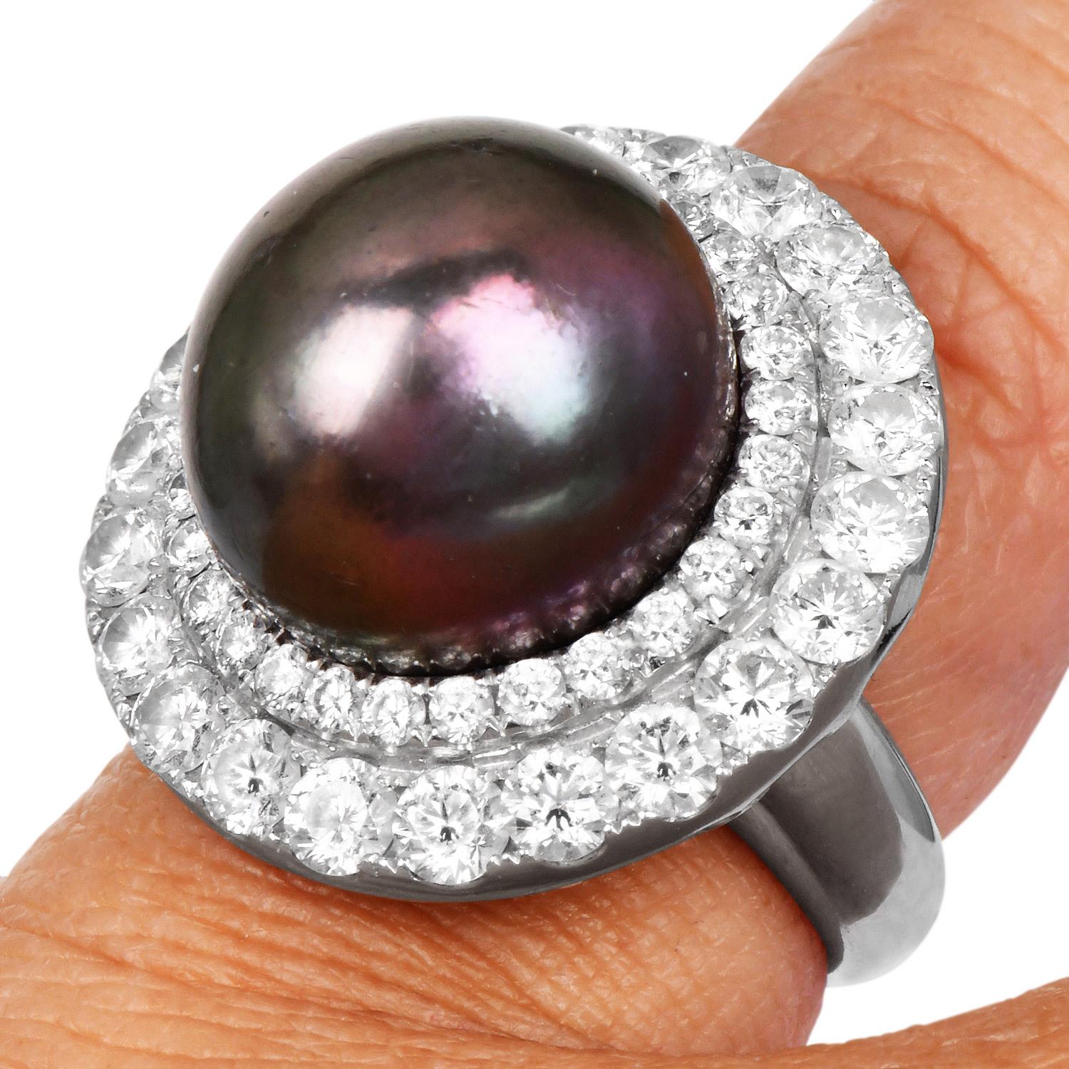 1990s 18K White Gold South Sea Pearl 2.82cts Diamond Cocktail Ring For Sale 6
