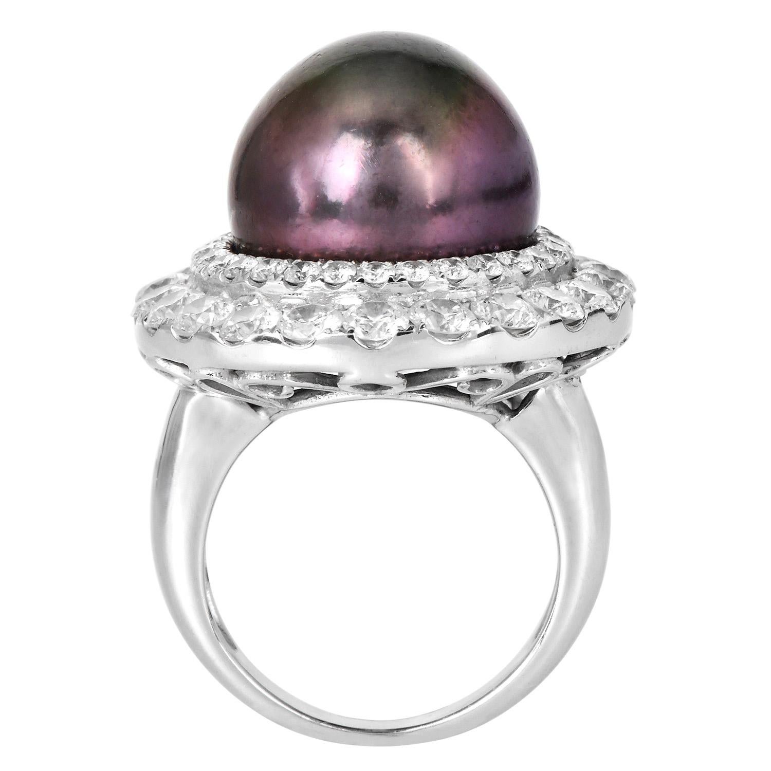 1990s 18K White Gold South Sea Pearl 2.82cts Diamond Cocktail Ring For Sale 2