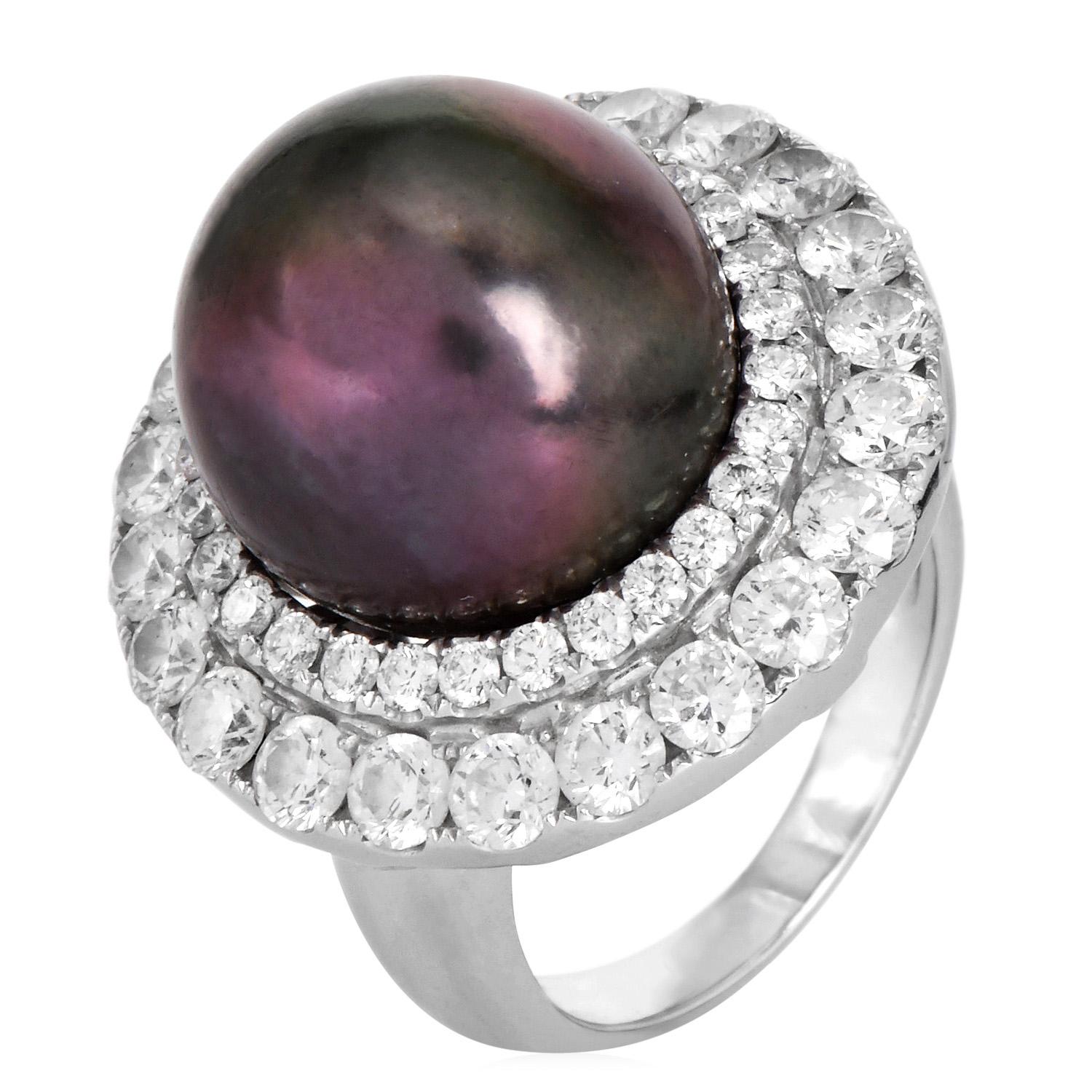 1990s 18K White Gold South Sea Pearl 2.82cts Diamond Cocktail Ring For Sale 3