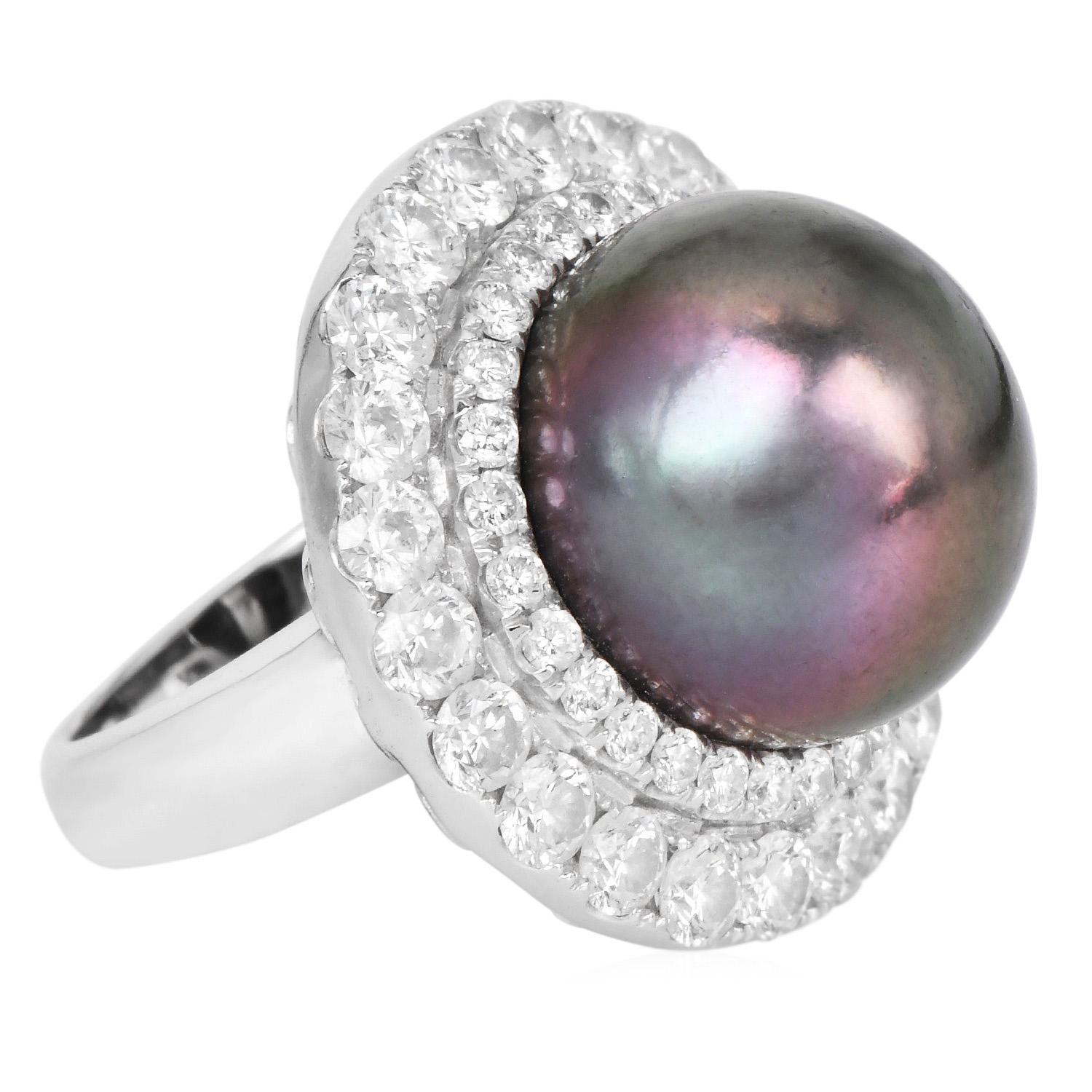 1990s 18K White Gold South Sea Pearl 2.82cts Diamond Cocktail Ring For Sale 4