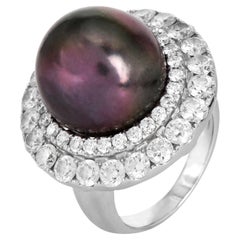 1990s Oro Blanco 18K Perla del Mar del Sur 2.82cts Anillo de Cóctel de Diamantes