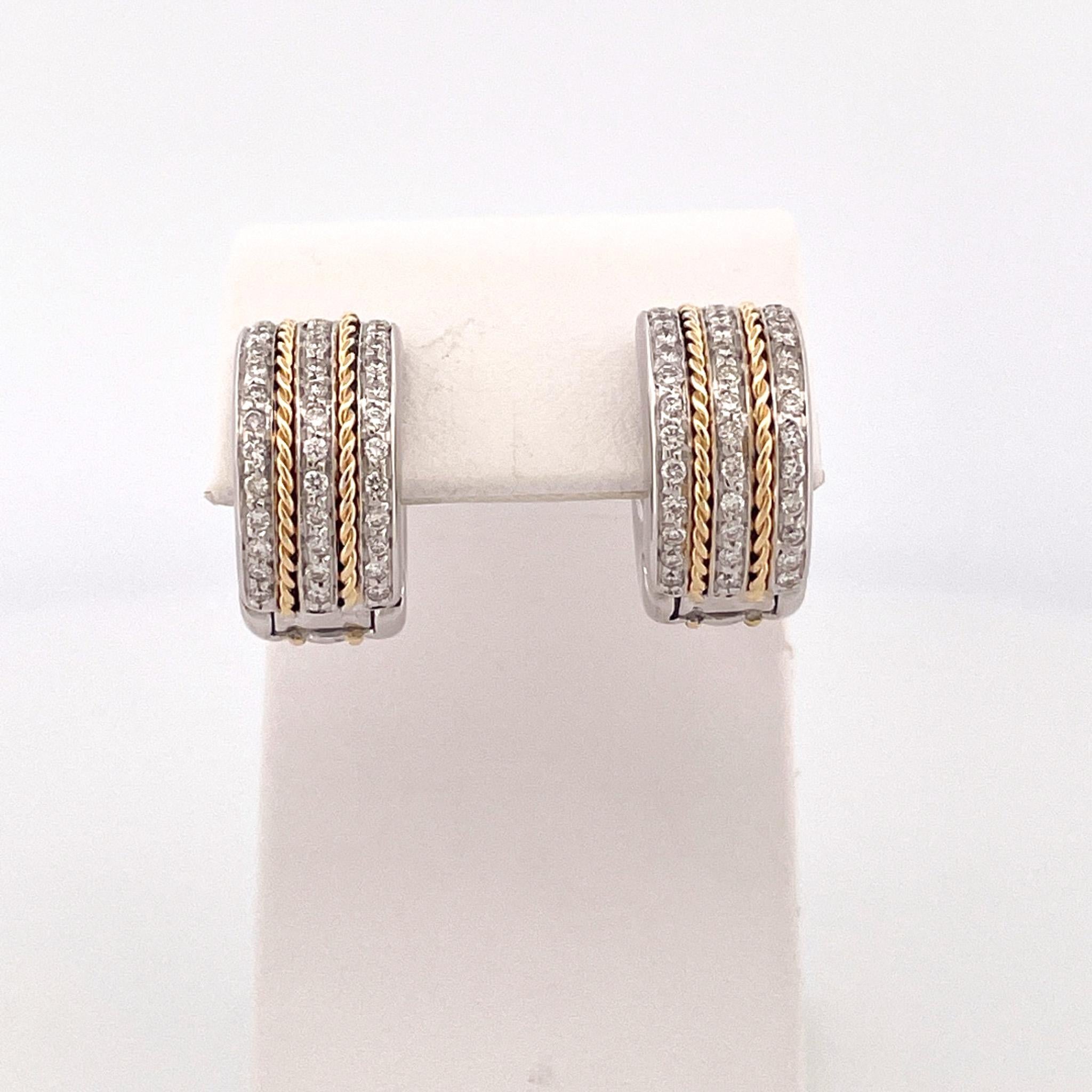 Round Cut 1990s 18k White & Yellow Gold Diamond Huggie Earrings For Sale