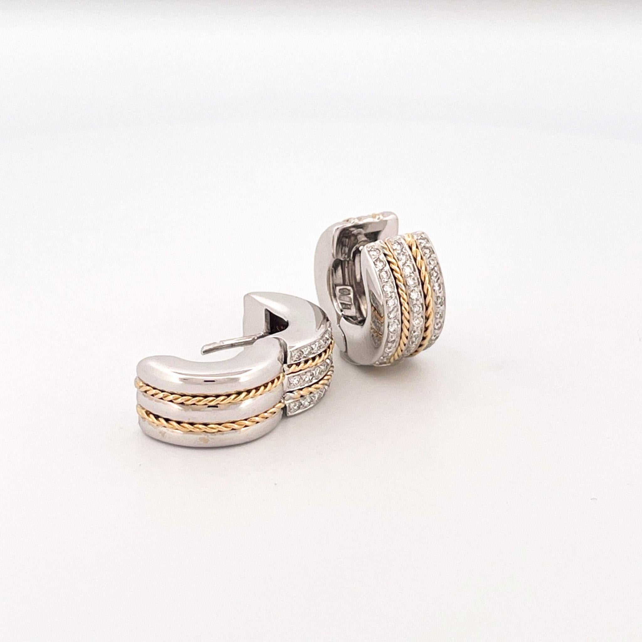 1990s 18k White & Yellow Gold Diamond Huggie Earrings For Sale 2