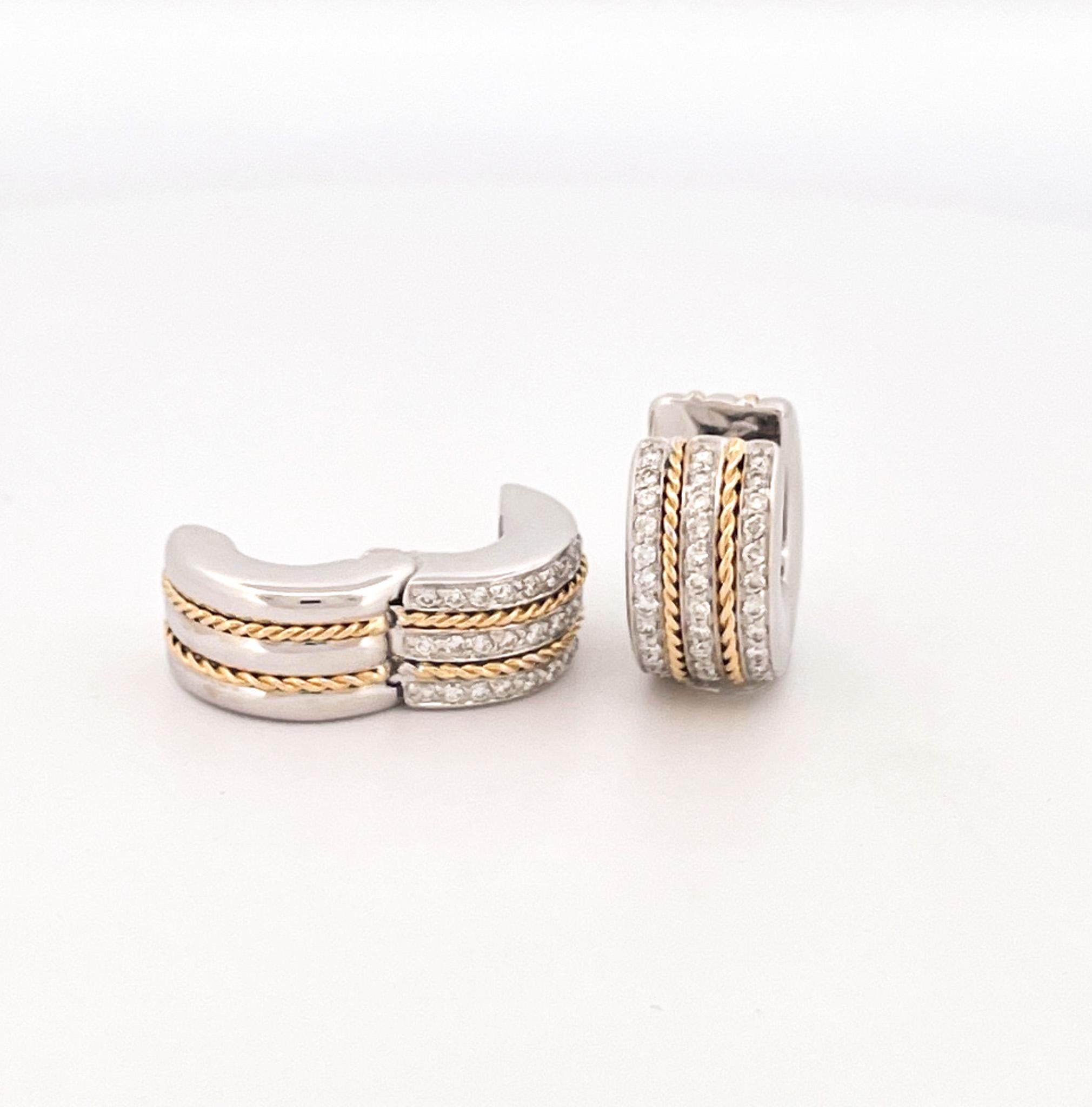 1990s 18k White & Yellow Gold Diamond Huggie Earrings For Sale 3