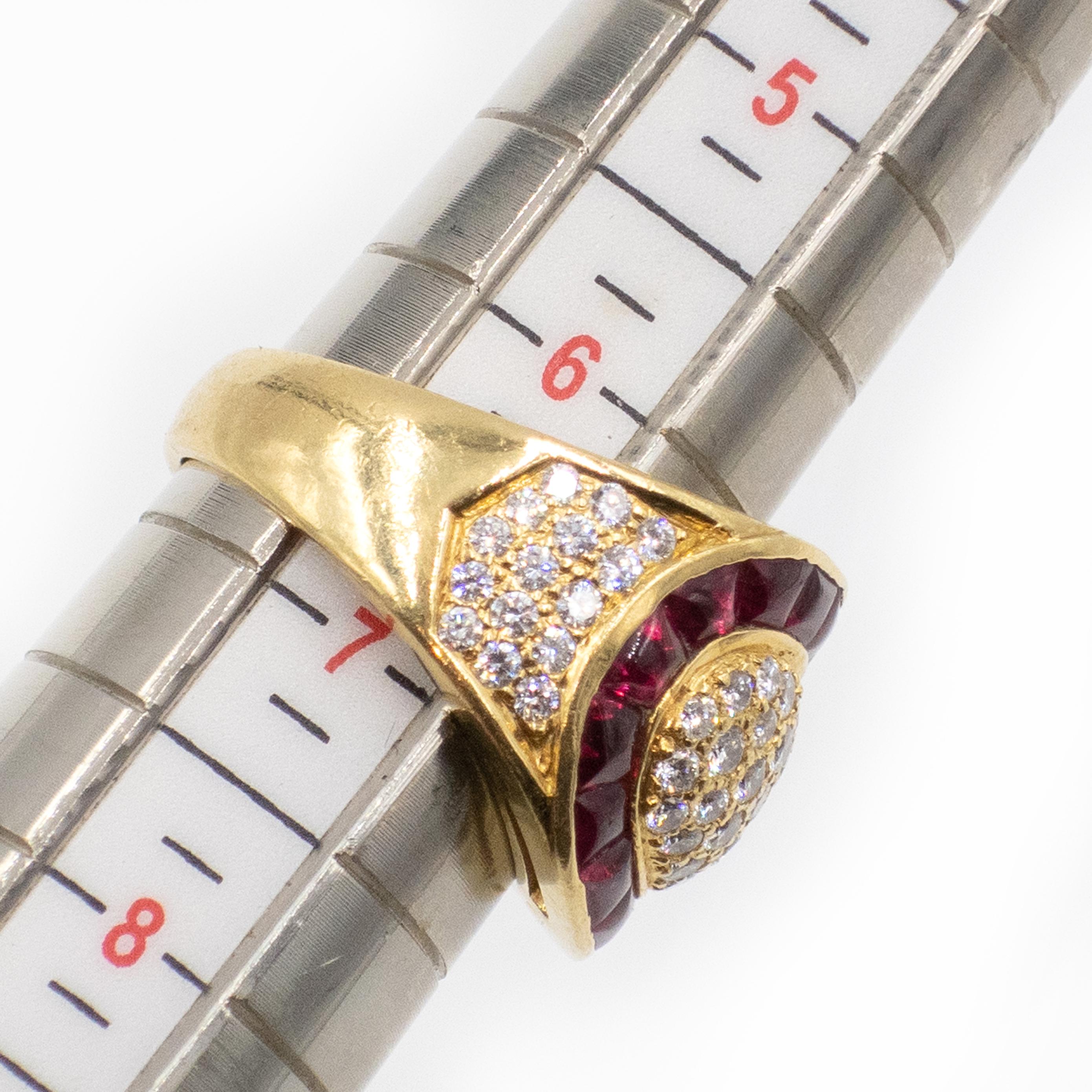 Vintage 18K Yellow Gold Diamond Calibre-cut Ruby Cocktail Ring c. 1990s For Sale 6