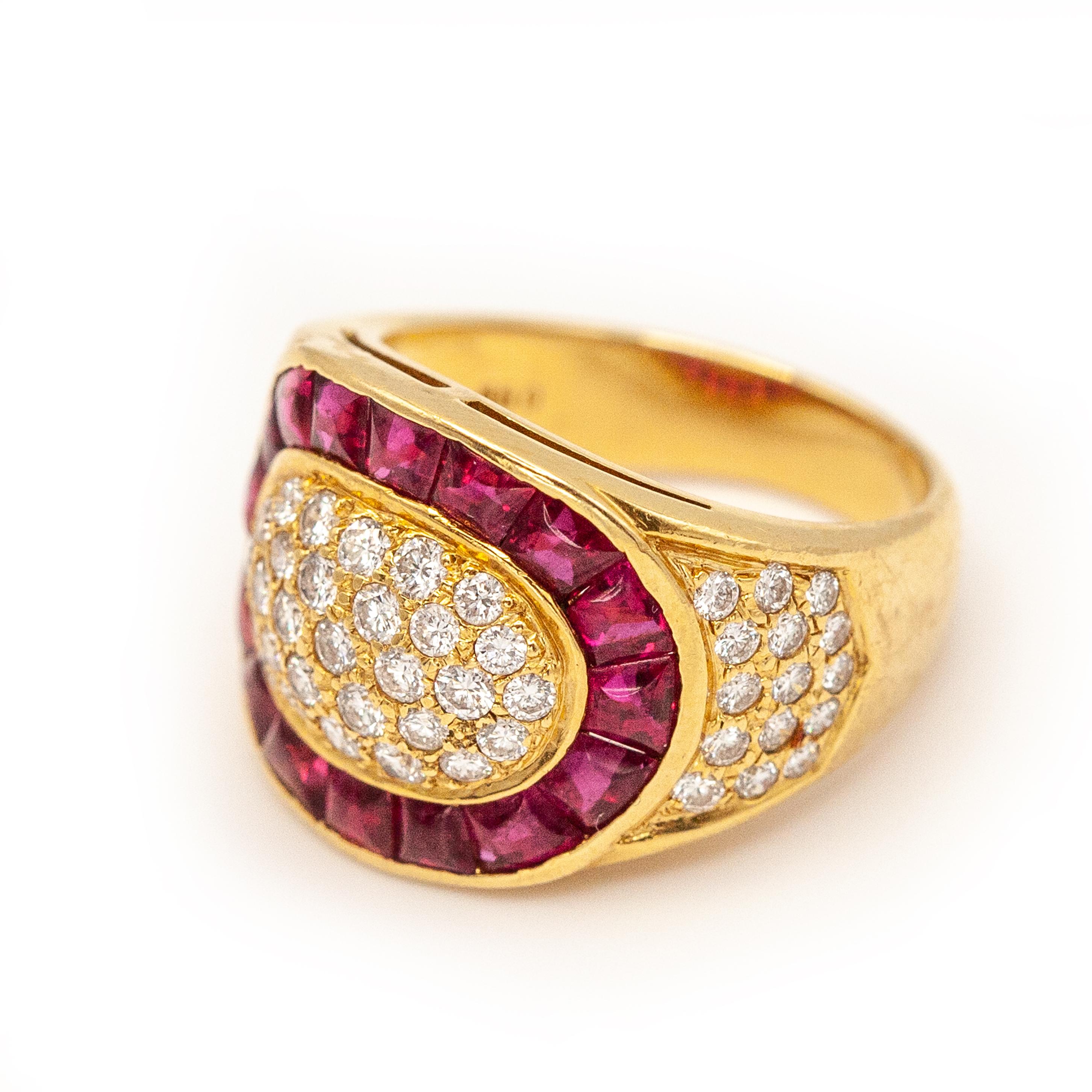 18K yellow gold diamond ruby cocktail ring from 1990s  set with 59 good quality brilliant cut diamonds approximate G color VS clarity and 16 calibre-cut vivid red rubies approximate 2.85 carats

Ring Size: 6.75

Approximate Weight: Gross - 9.80