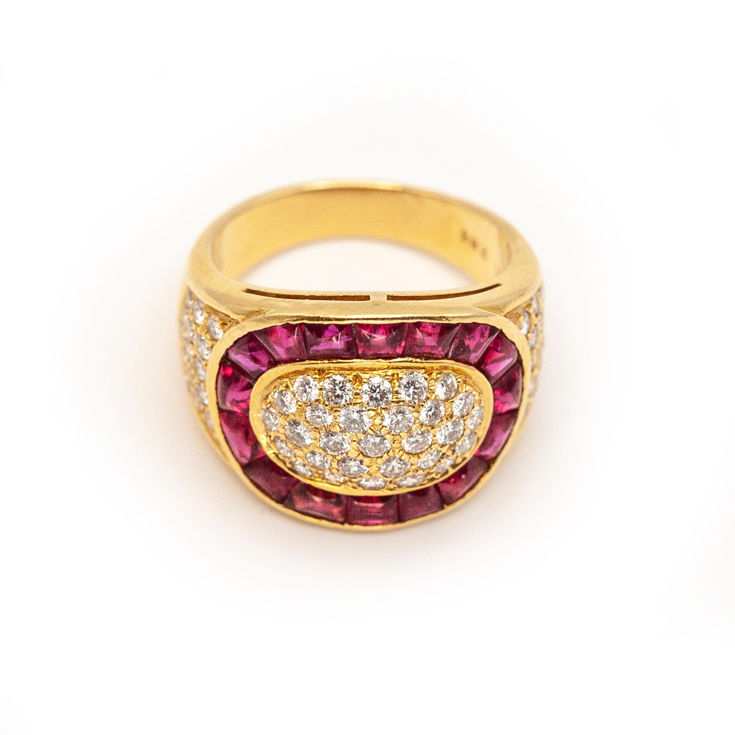 Modern Vintage 18K Yellow Gold Diamond Calibre-cut Ruby Cocktail Ring c. 1990s For Sale