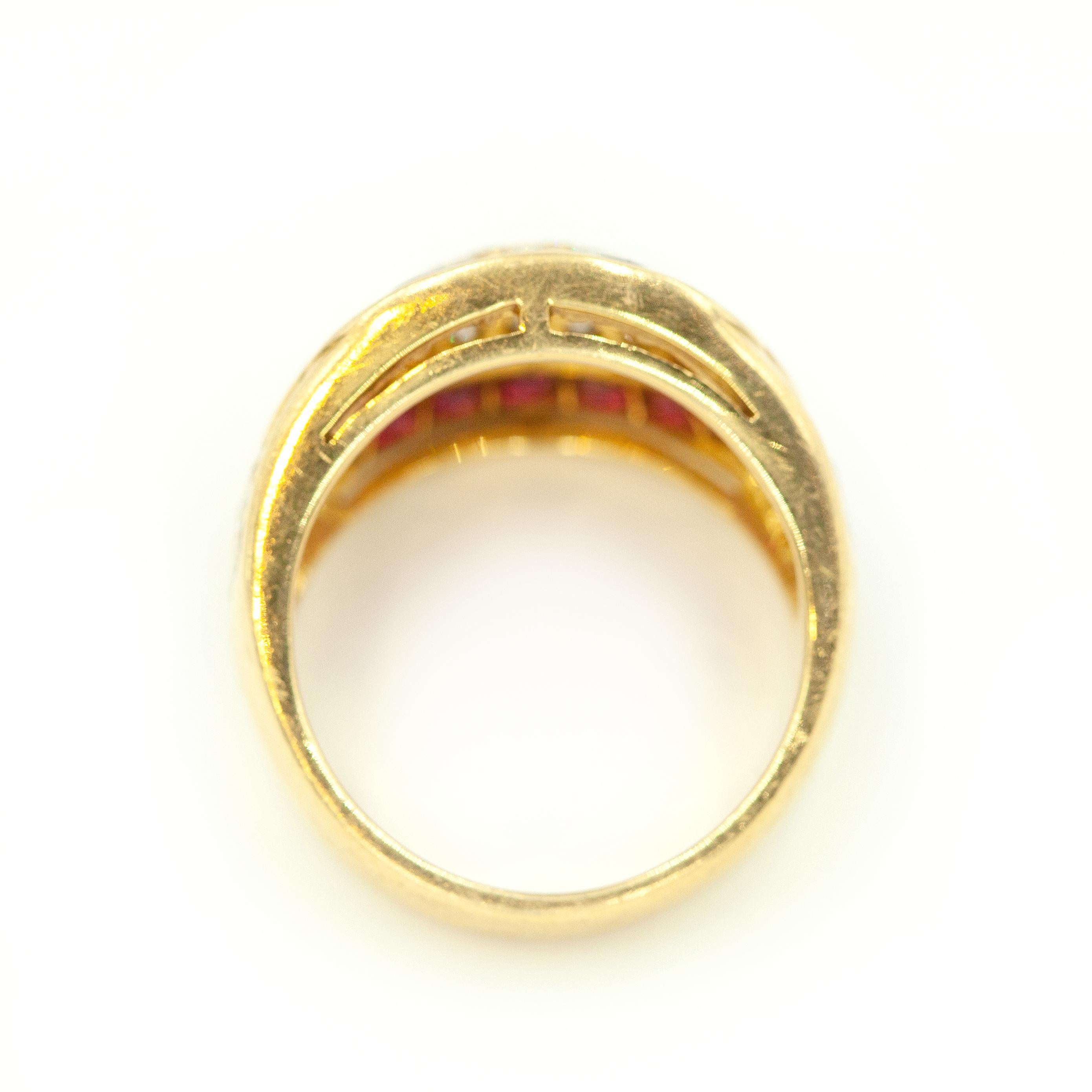 Vintage 18K Yellow Gold Diamond Calibre-cut Ruby Cocktail Ring c. 1990s For Sale 1