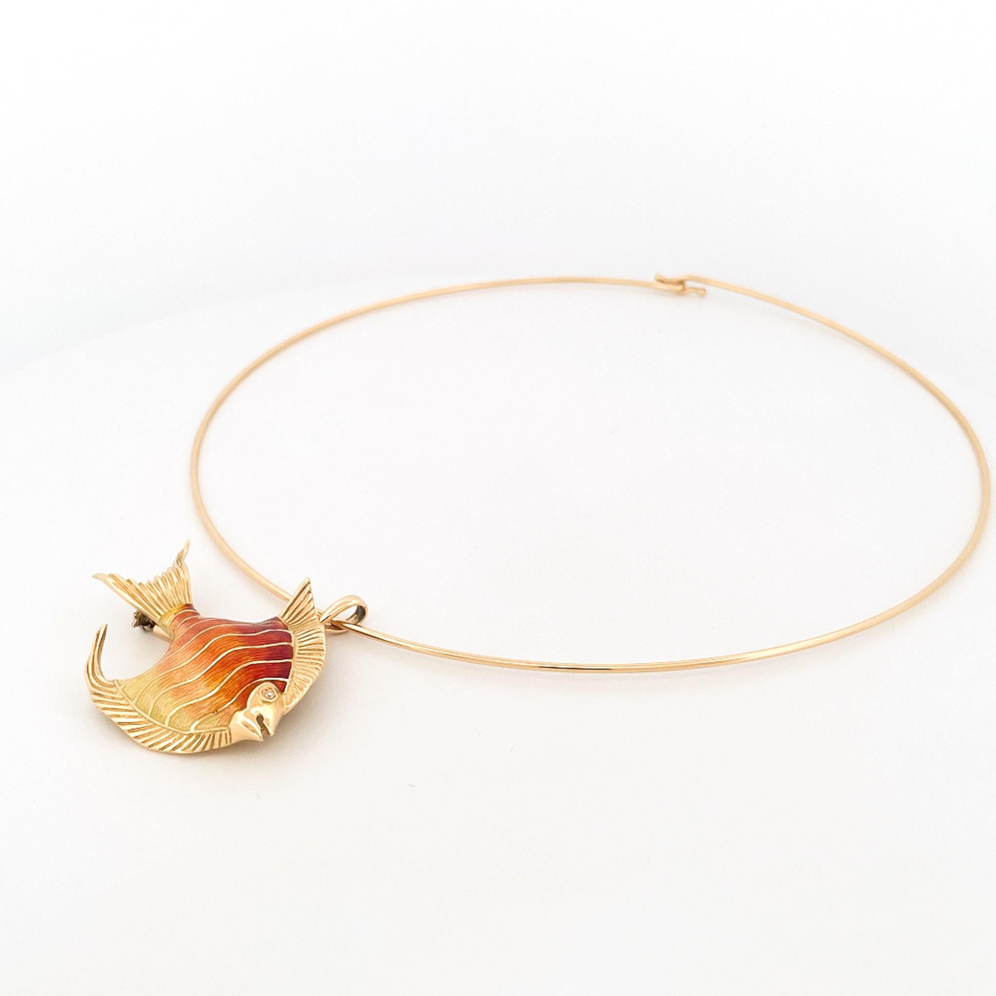 1990s 18k Yellow Gold Orange Enamel Fish Pendant Necklace For Sale 5
