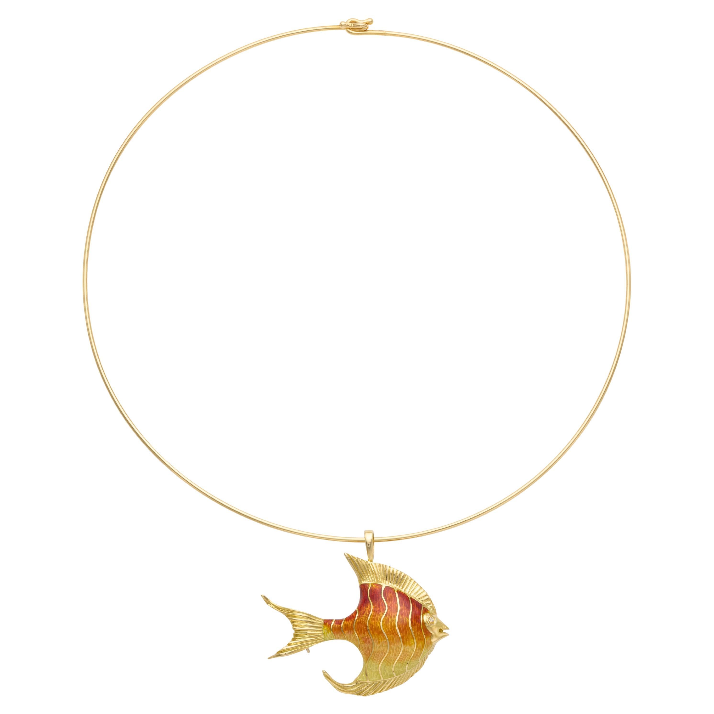 1990s 18k Yellow Gold Orange Enamel Fish Pendant Necklace For Sale