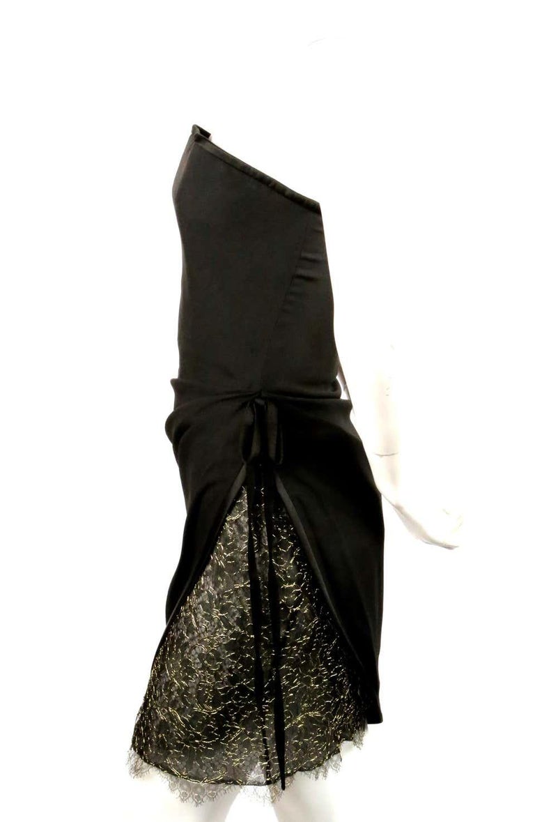 Black 1990's YVES SAINT LAURENT black draped strapless dress with lace For Sale