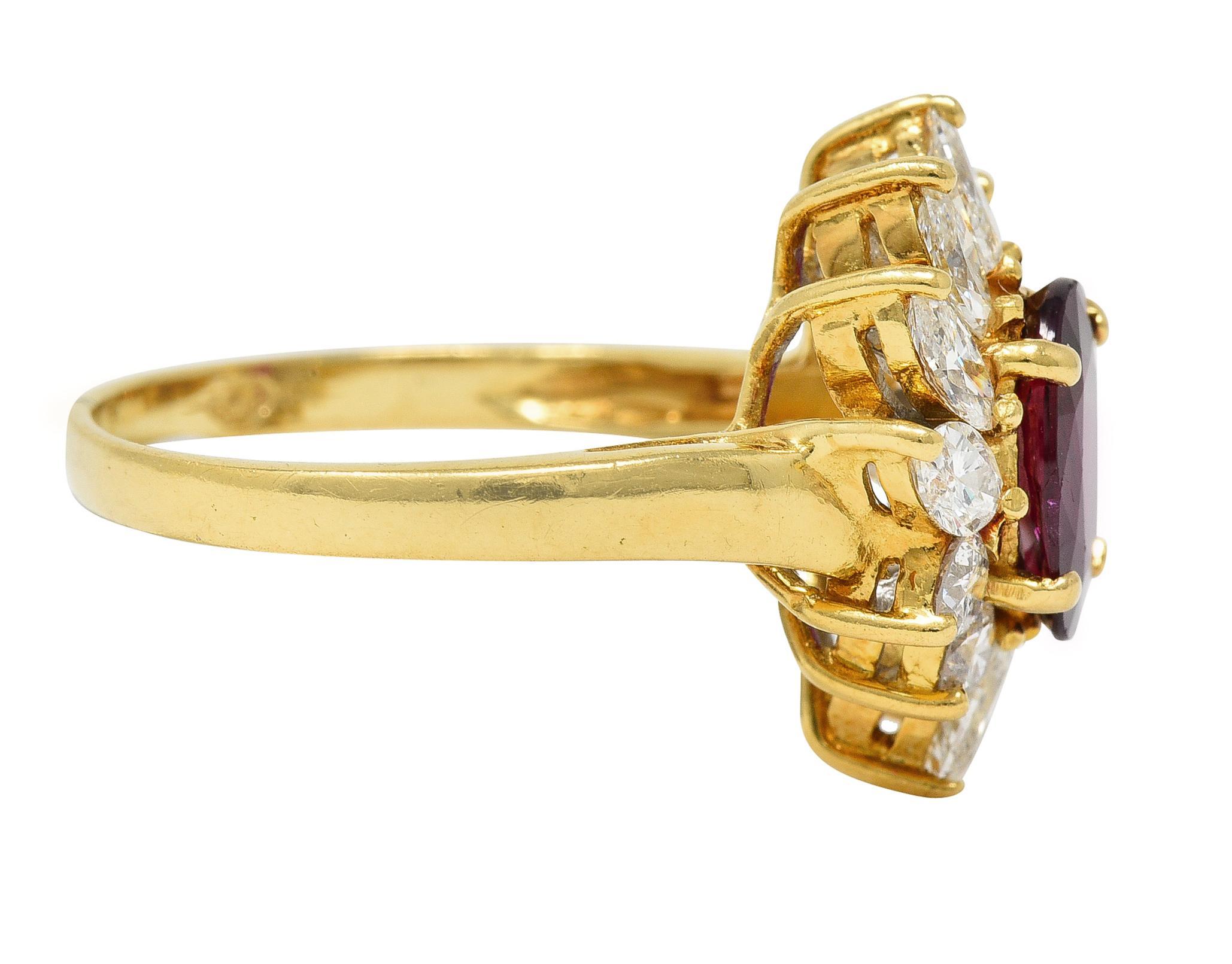 Oval Cut 1990s 2.35 CTW Ruby Diamond 18 Karat Yellow Gold Spray Cluster Ring GIA For Sale