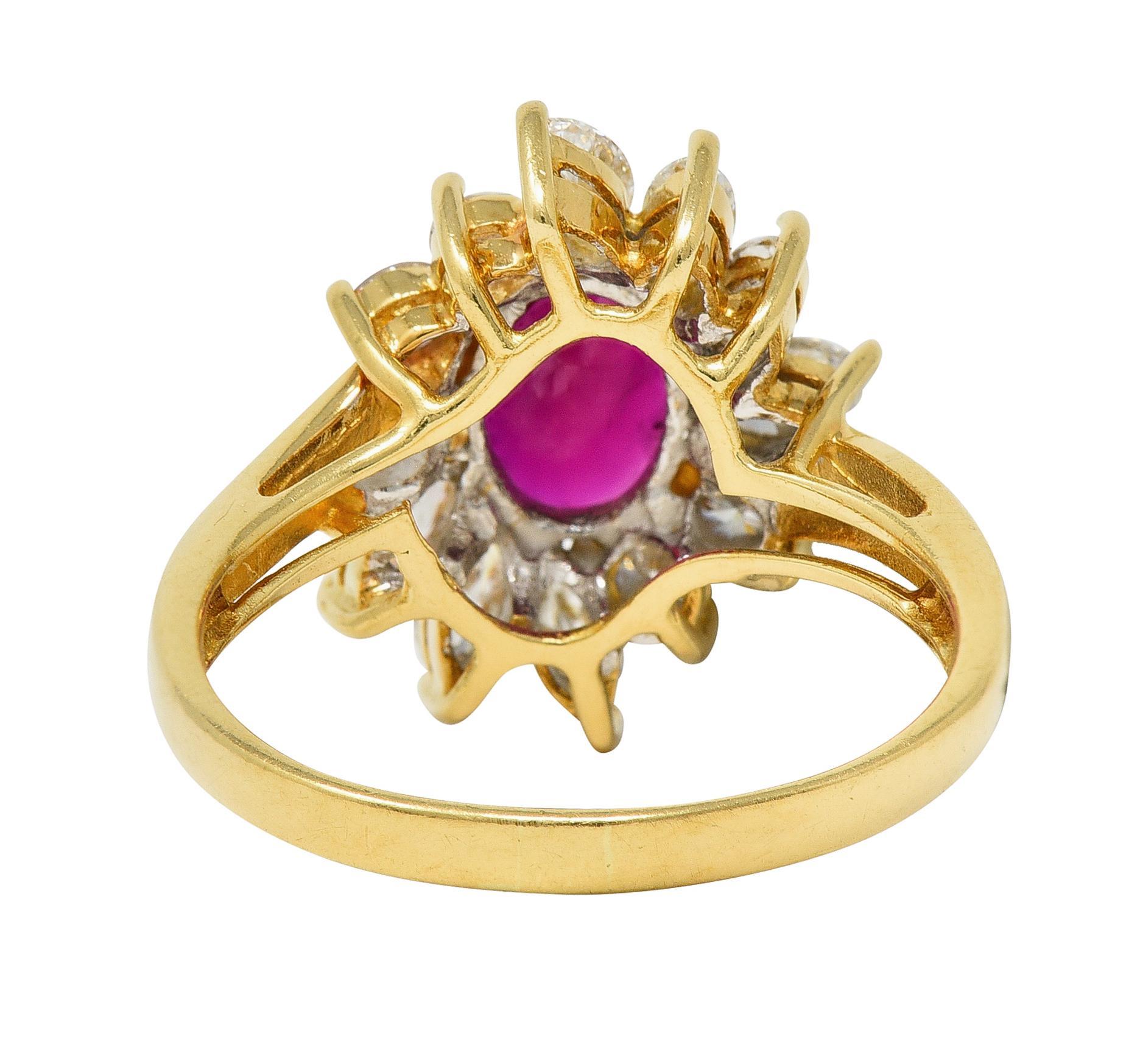 1990s 2.35 CTW Ruby Diamond 18 Karat Yellow Gold Spray Cluster Ring GIA In Excellent Condition For Sale In Philadelphia, PA