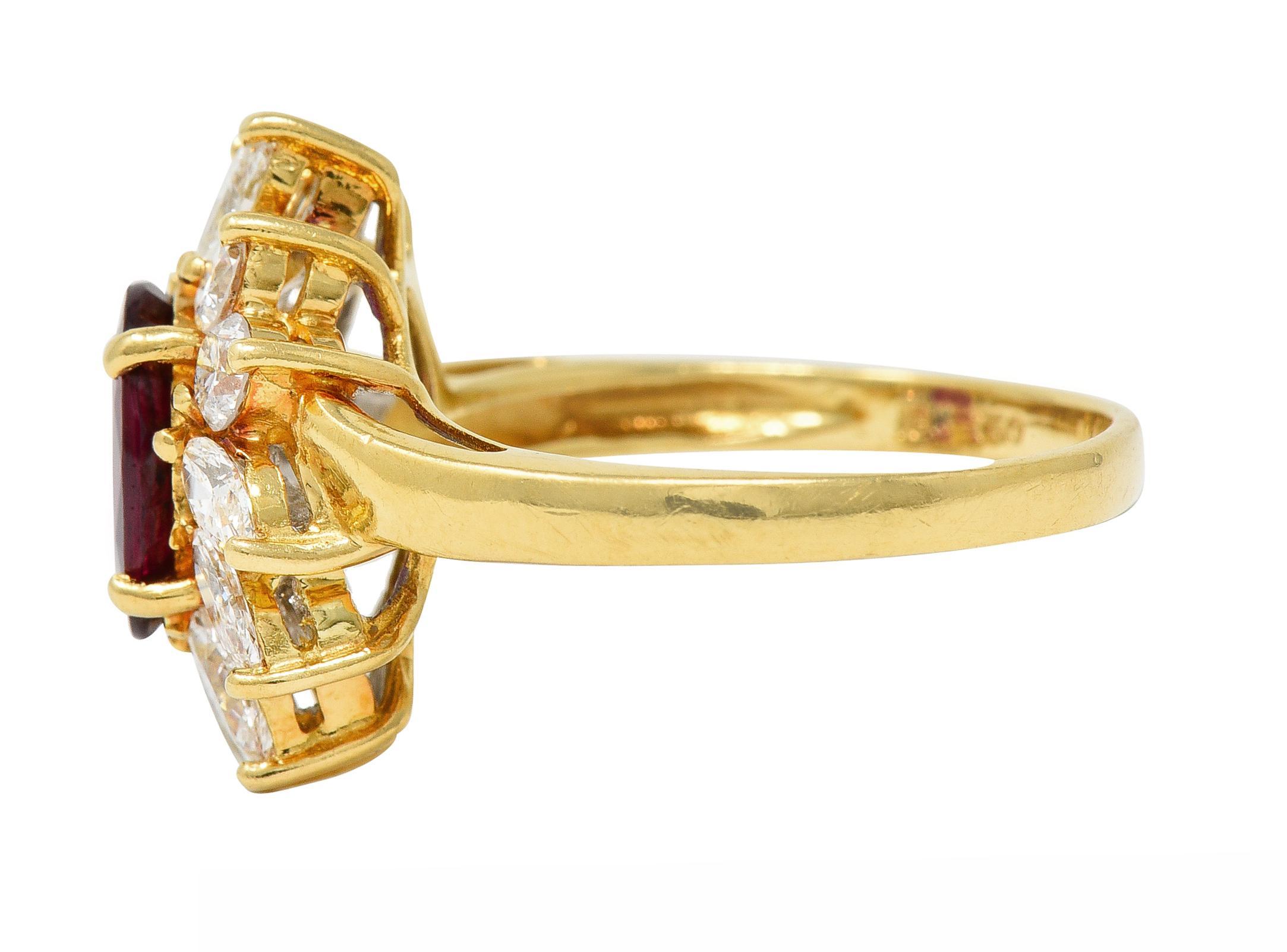 Women's or Men's 1990s 2.35 CTW Ruby Diamond 18 Karat Yellow Gold Spray Cluster Ring GIA For Sale