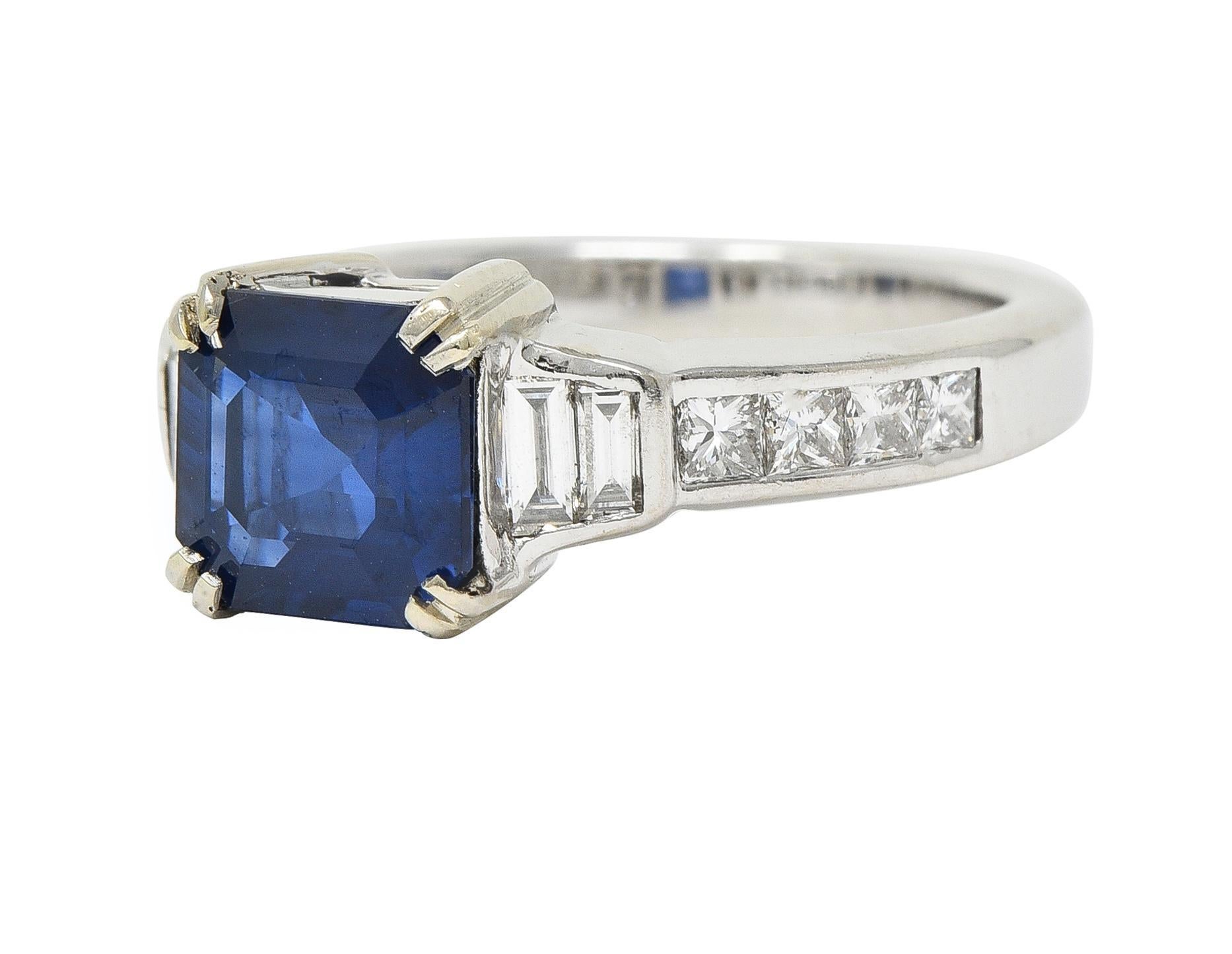 1990's 2.71 CTW Asscher Cut Sapphire Diamond 18 Karat White Gold Ring GIA For Sale 1