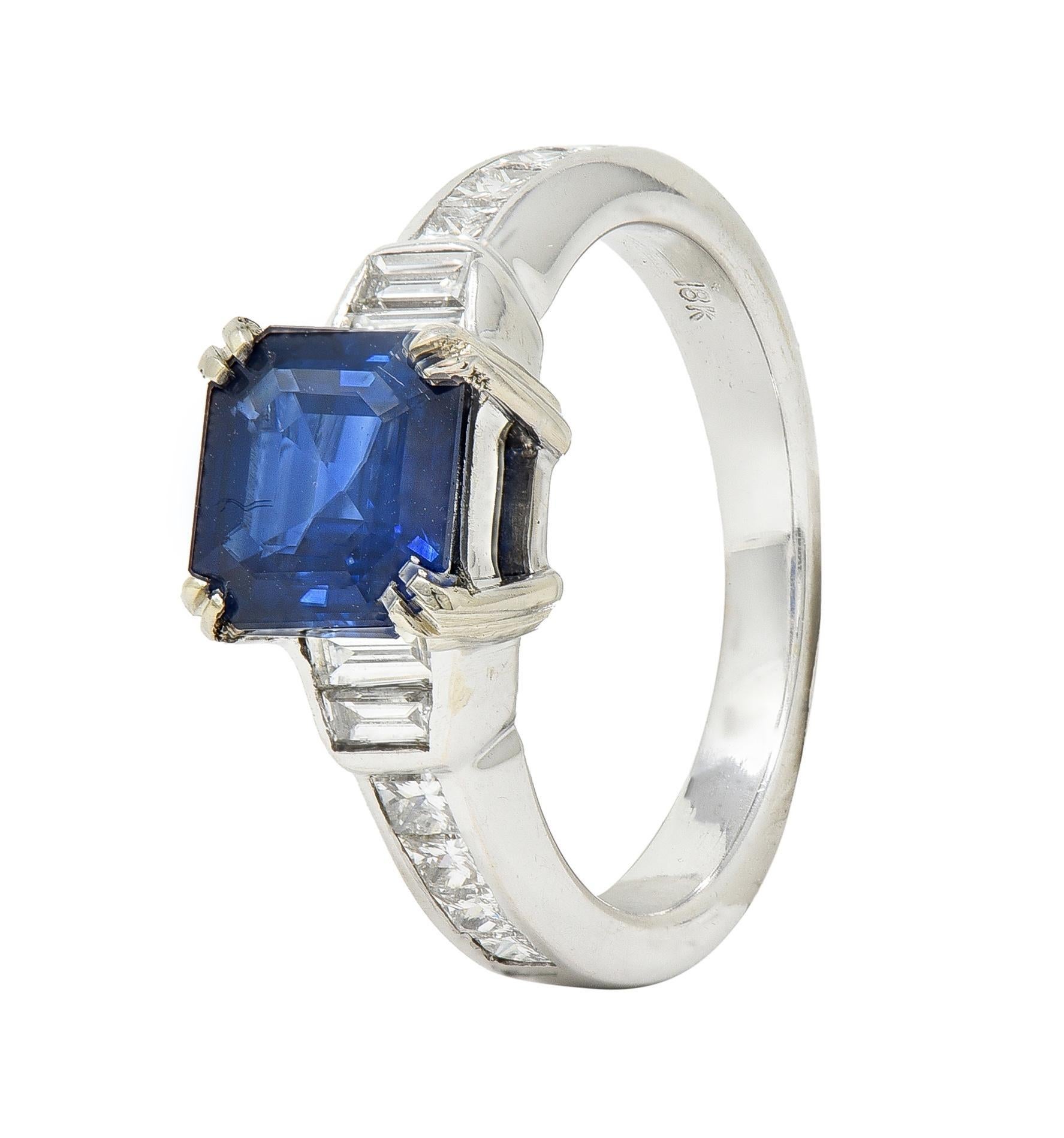 1990's 2.71 CTW Asscher Cut Sapphire Diamond 18 Karat White Gold Ring GIA For Sale 3