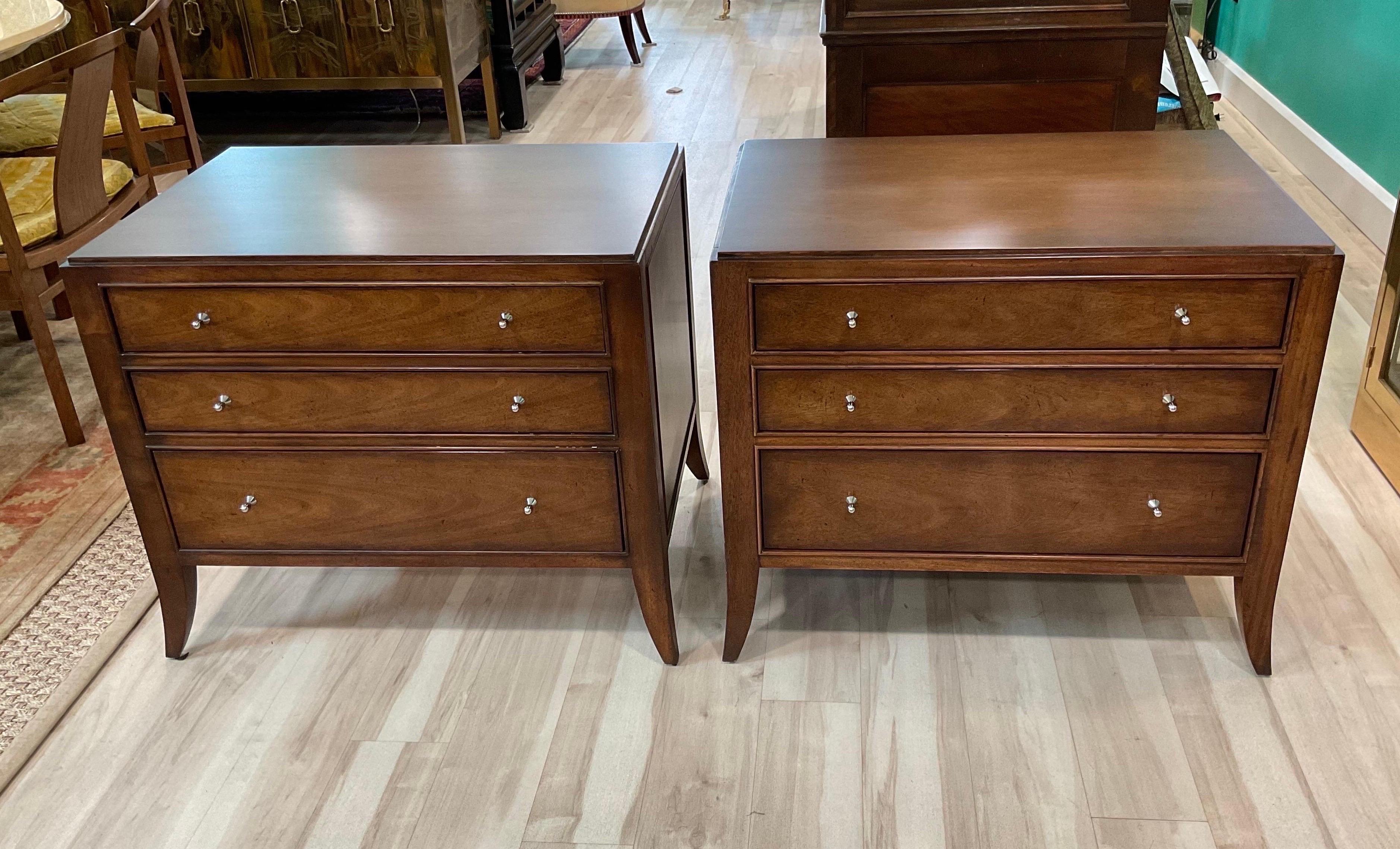 Well known in the design industry by Barbara Barry for Baker Furniture. These large bedside chests are in extremely nice vintage condition and will work in many scenarios. Larger than a typical nightstand these work well as side tables as an