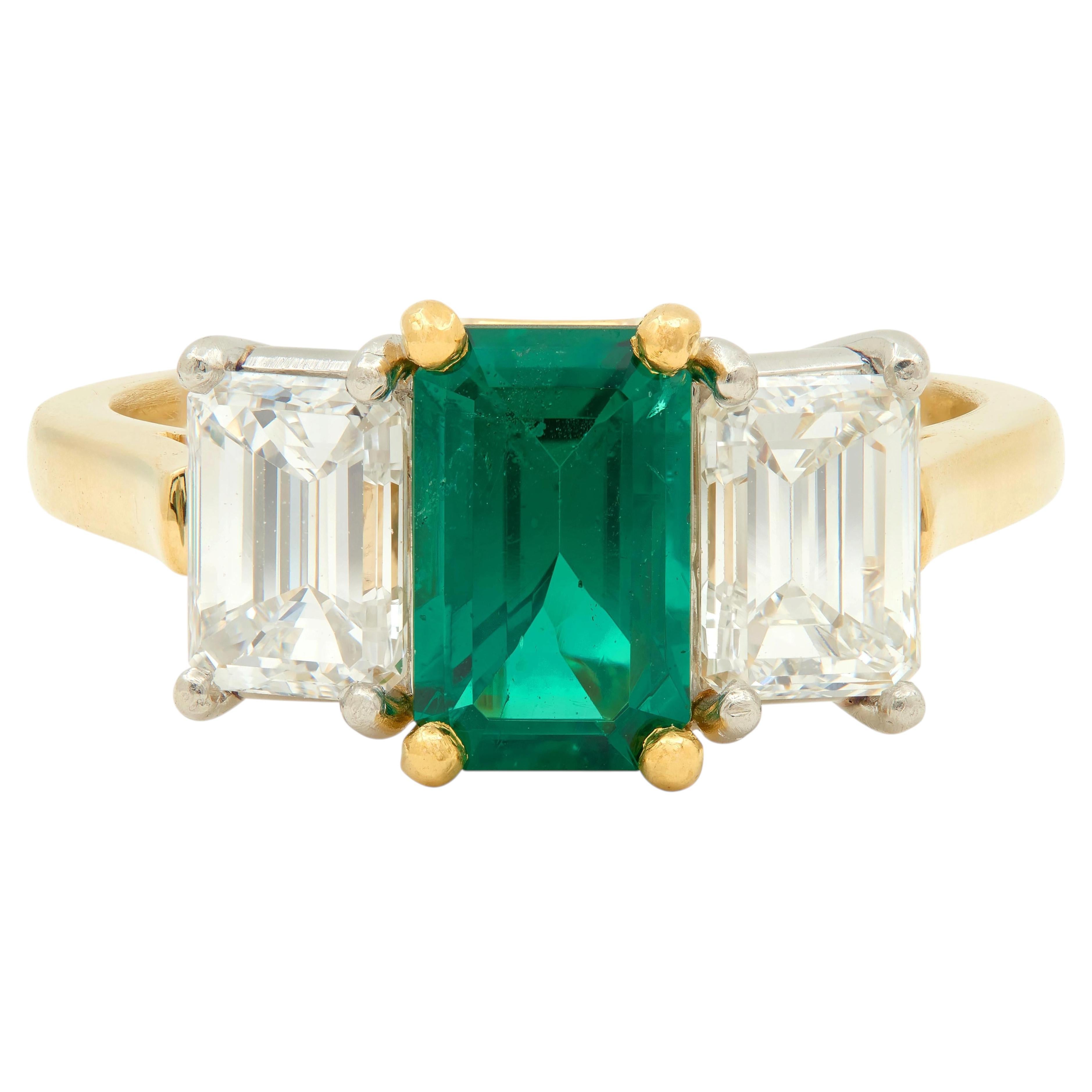 1990's 3.36 CTW No-Oil Emerald Diamond 18K Gold Platinum Three Stone Ring GIA