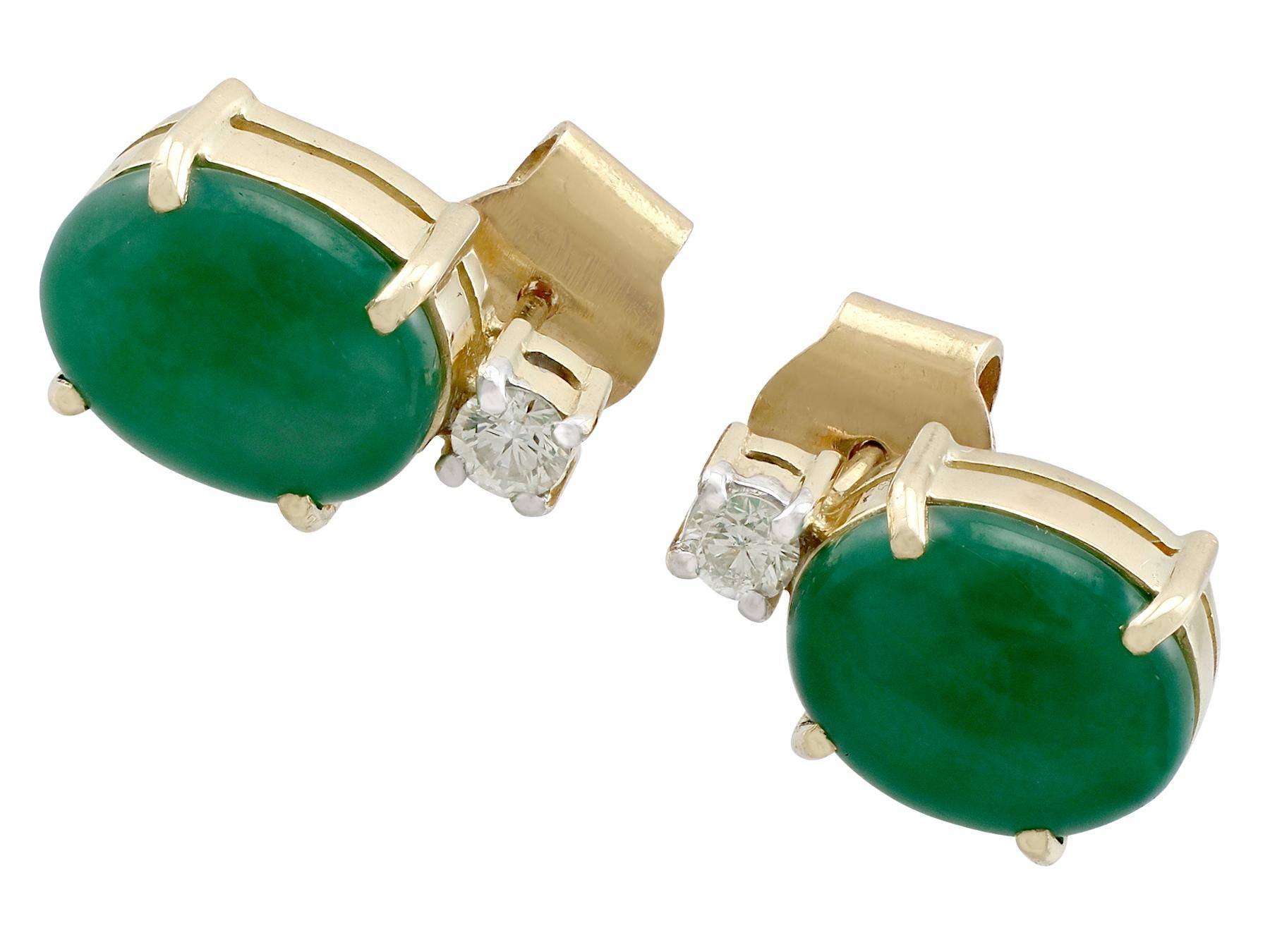 An impressive pair of 4.46 carat jade and 0.28 carat diamond, 18 carat yellow and white gold stud earrings; part of our diverse vintage jewellery and estate jewelry collections.

These fine and impressive vintage jade and diamond earrings have been