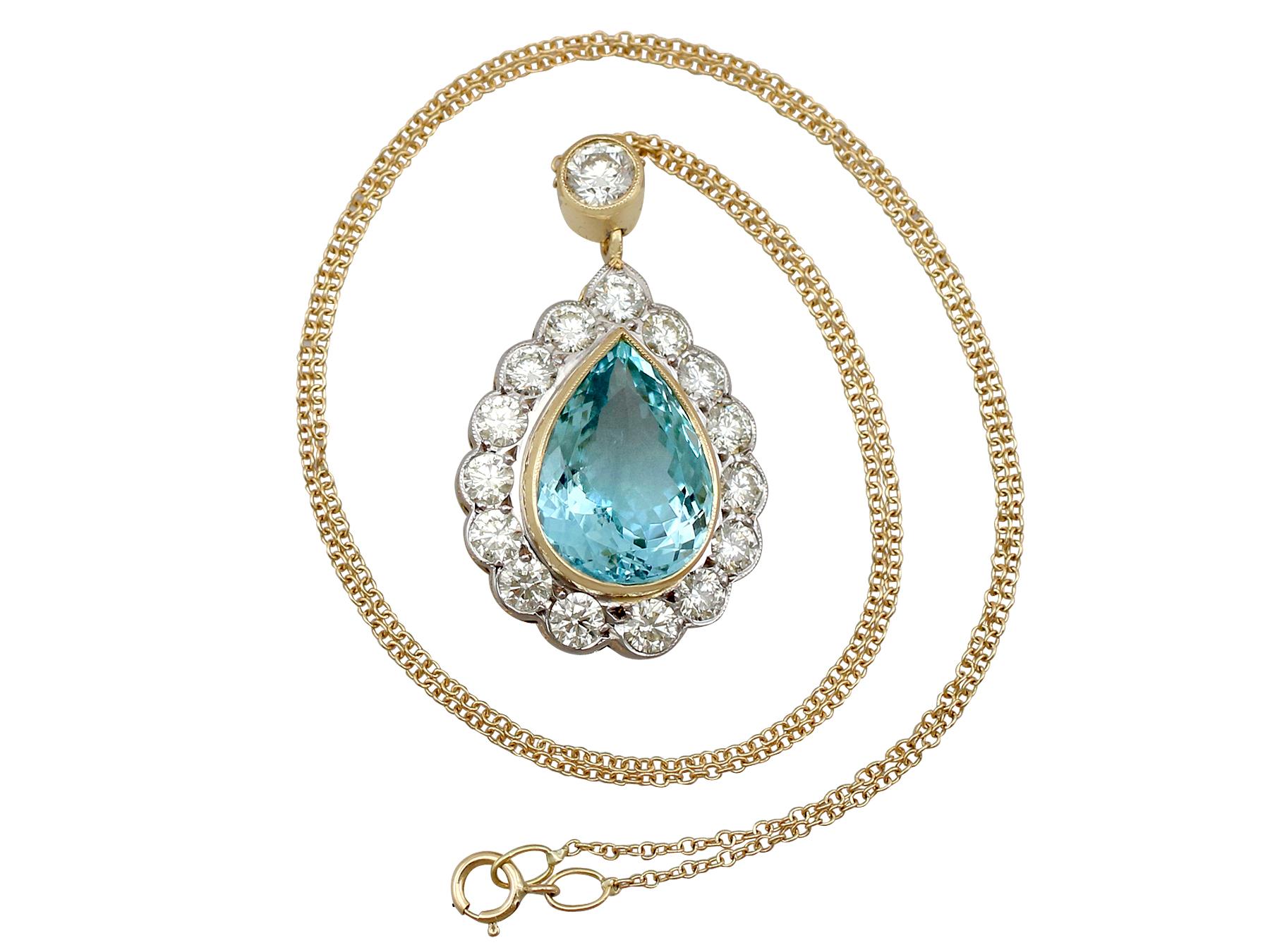 A stunning vintage 3.16 carat aquamarine and 3.16 carat diamond, 18 carat yellow and white gold necklace; part of our diverse vintage jewellery and estate jewelry collections.

This stunning, fine and impressive pear cut aquamarine necklace has been