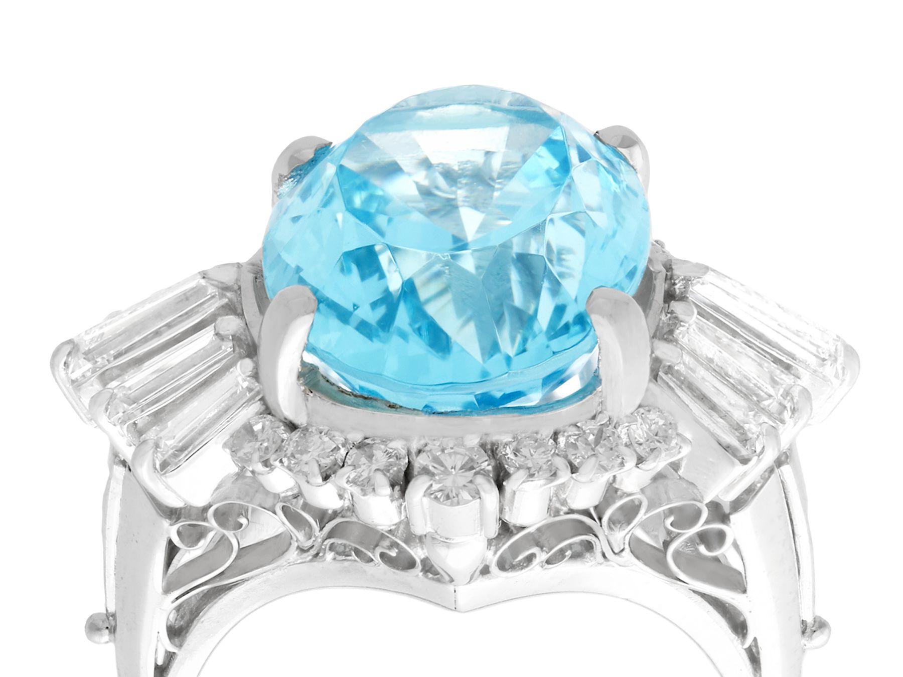 A stunning vintage 1990s 7.75 carat aquamarine and 1.65 carat diamond, platinum cocktail ring; part of our diverse gemstone jewelry and estate jewelry collections.

This stunning, fine and impressive vintage aquamarine ring has been crafted in
