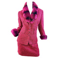 1990s 90s Escada Size 10 Red Tweed Skirt Suit Detachable Rabbit Fur Vintage 90s 1990s 90s Escada Size 10 Red Tweed Skirt Suit Detachable Rabbit Fur Vintage 90s