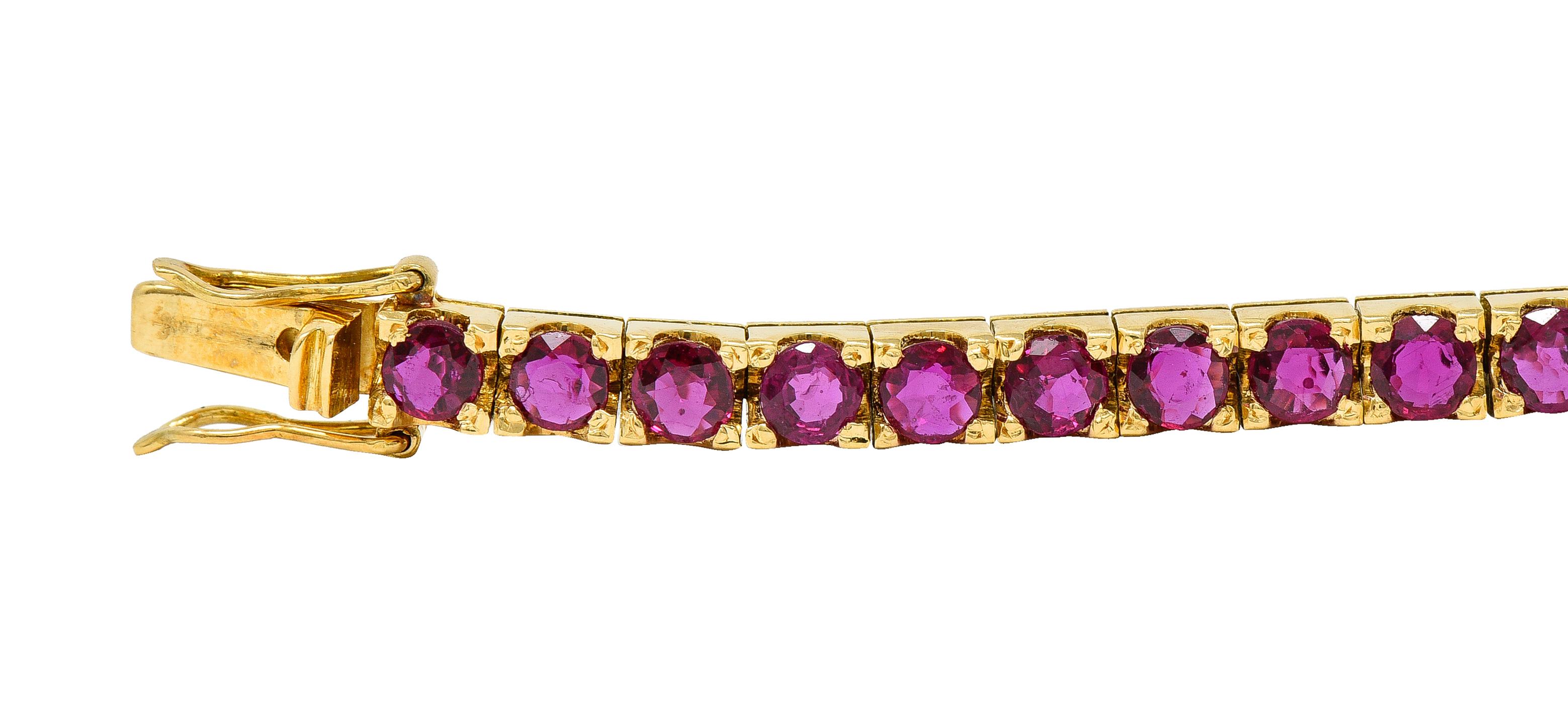 1990's 9.20 CTW Ruby 18 Karat Yellow Gold Vintage Line Bracelet In Excellent Condition For Sale In Philadelphia, PA