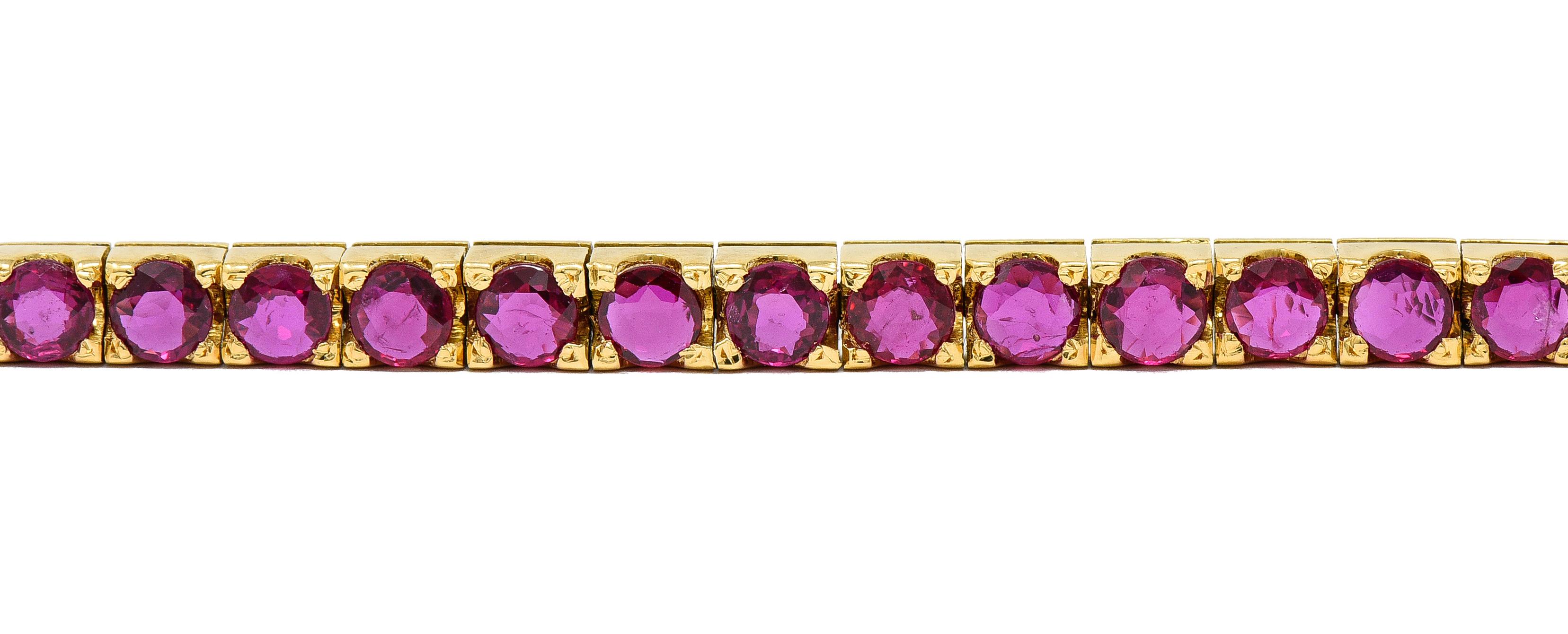 Women's or Men's 1990's 9.20 CTW Ruby 18 Karat Yellow Gold Vintage Line Bracelet For Sale