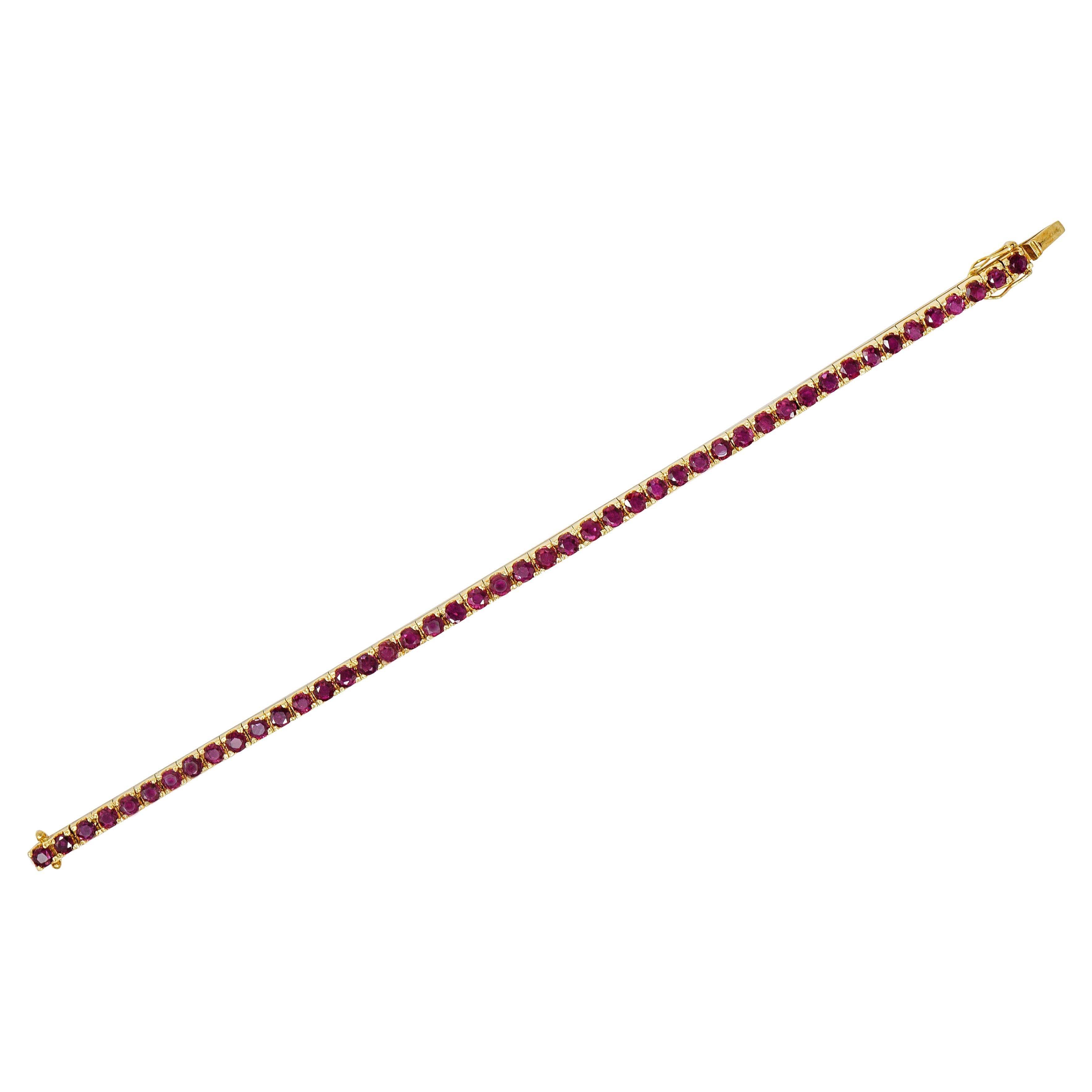 1990's 9.20 CTW Ruby 18 Karat Yellow Gold Vintage Line Bracelet For Sale