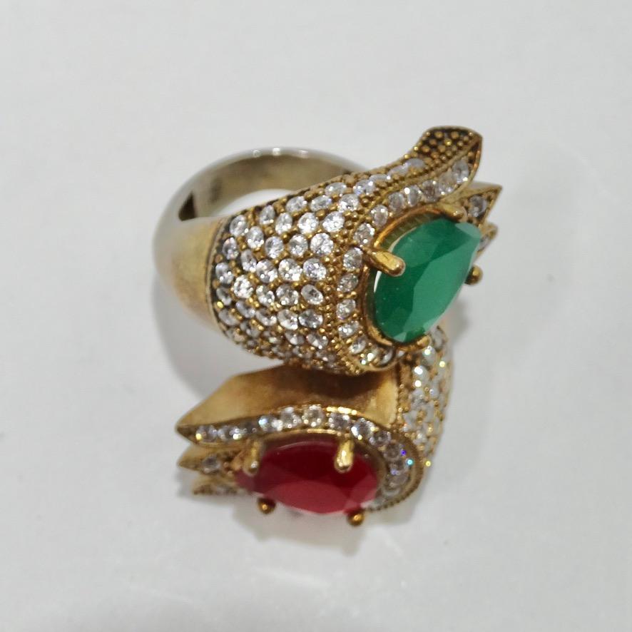 1990s 925 Silver Synthetic Ruby and Emerald Ring In Good Condition For Sale In Scottsdale, AZ