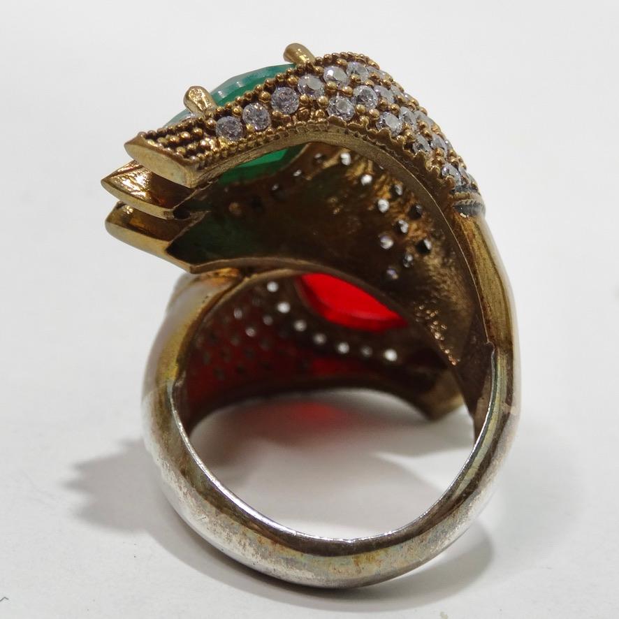 1990s 925 Silver Synthetic Ruby and Emerald Ring For Sale 2