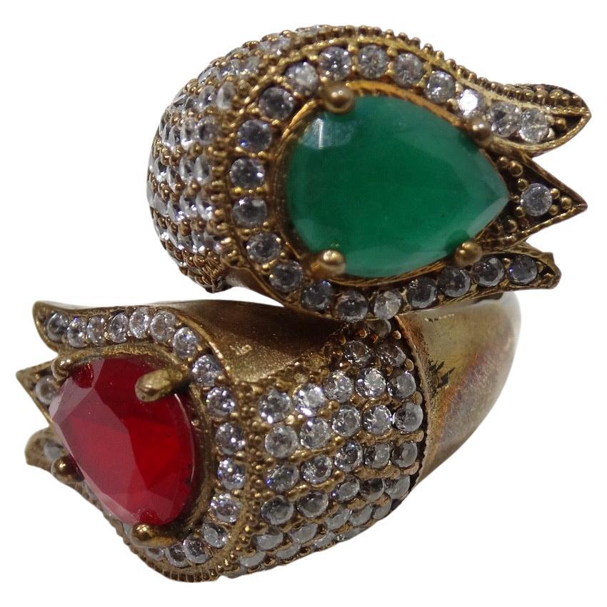 1990s 925 Silver Synthetic Ruby and Emerald Ring For Sale