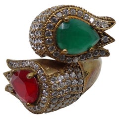 Retro 1990s 925 Silver Synthetic Ruby and Emerald Ring