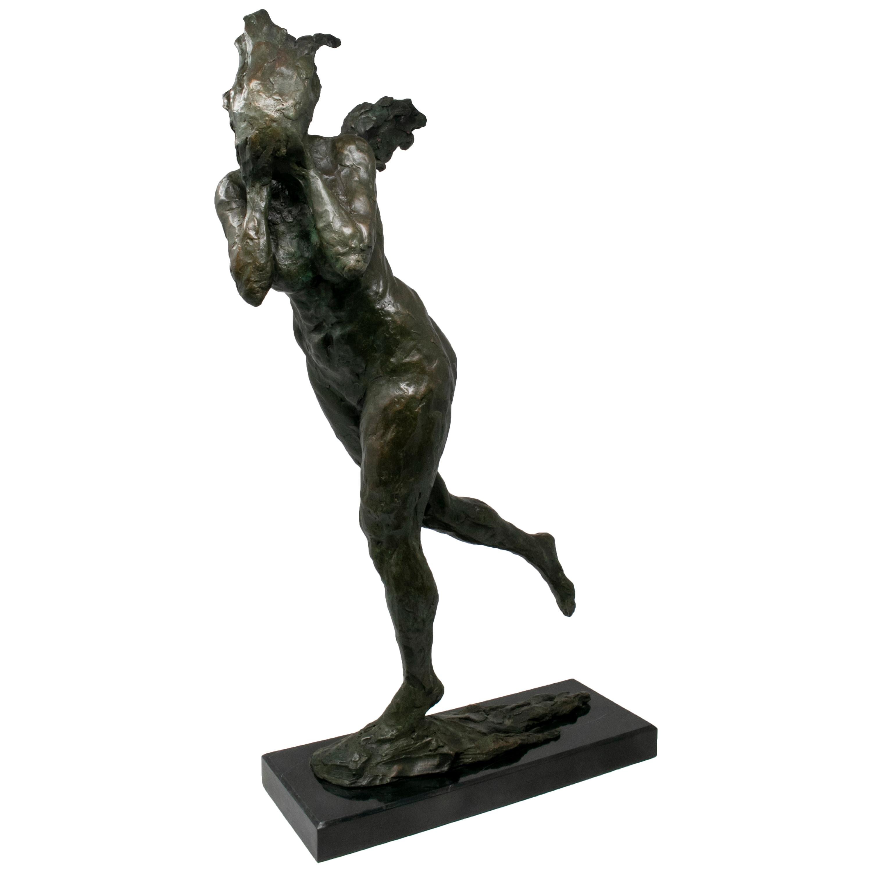 1990s Abstract Bronze Figure of a Woman Running Whilst Covering Her Face For Sale