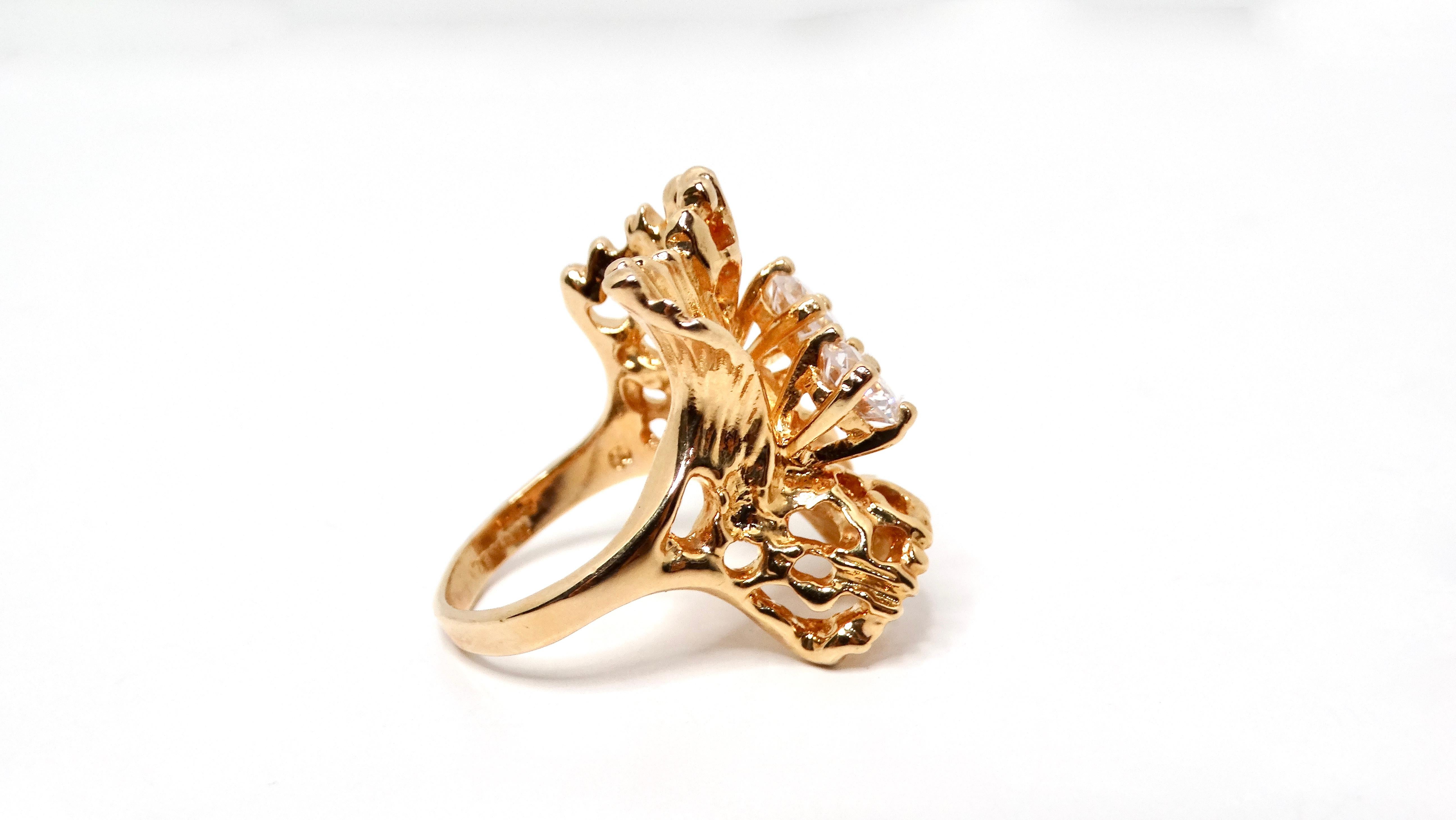 Women's 1990s Abstract Nature 18k Gold Plated & Crystal Cocktail Ring For Sale