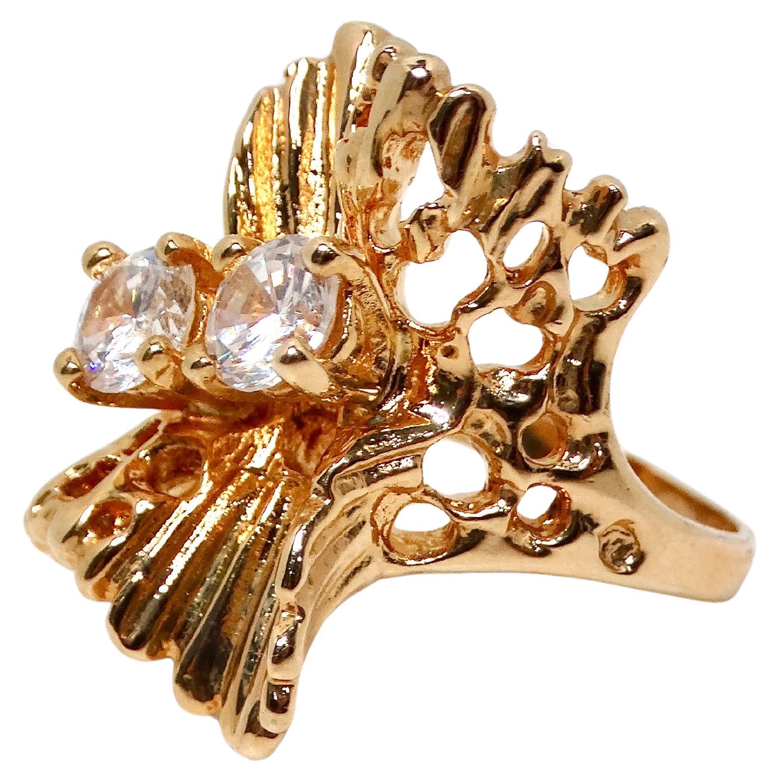 1990s Abstract Nature 18k Gold Plated & Crystal Cocktail Ring For Sale