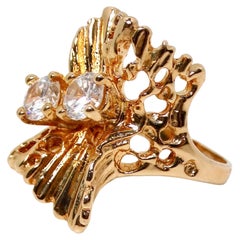 Vintage 1990s Abstract Nature 18k Gold Plated & Crystal Cocktail Ring