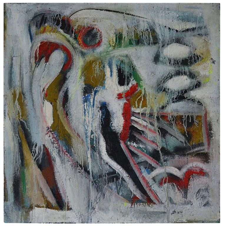 1990s Abstract Painting of Bird of Prey on Canvas Signed: DK