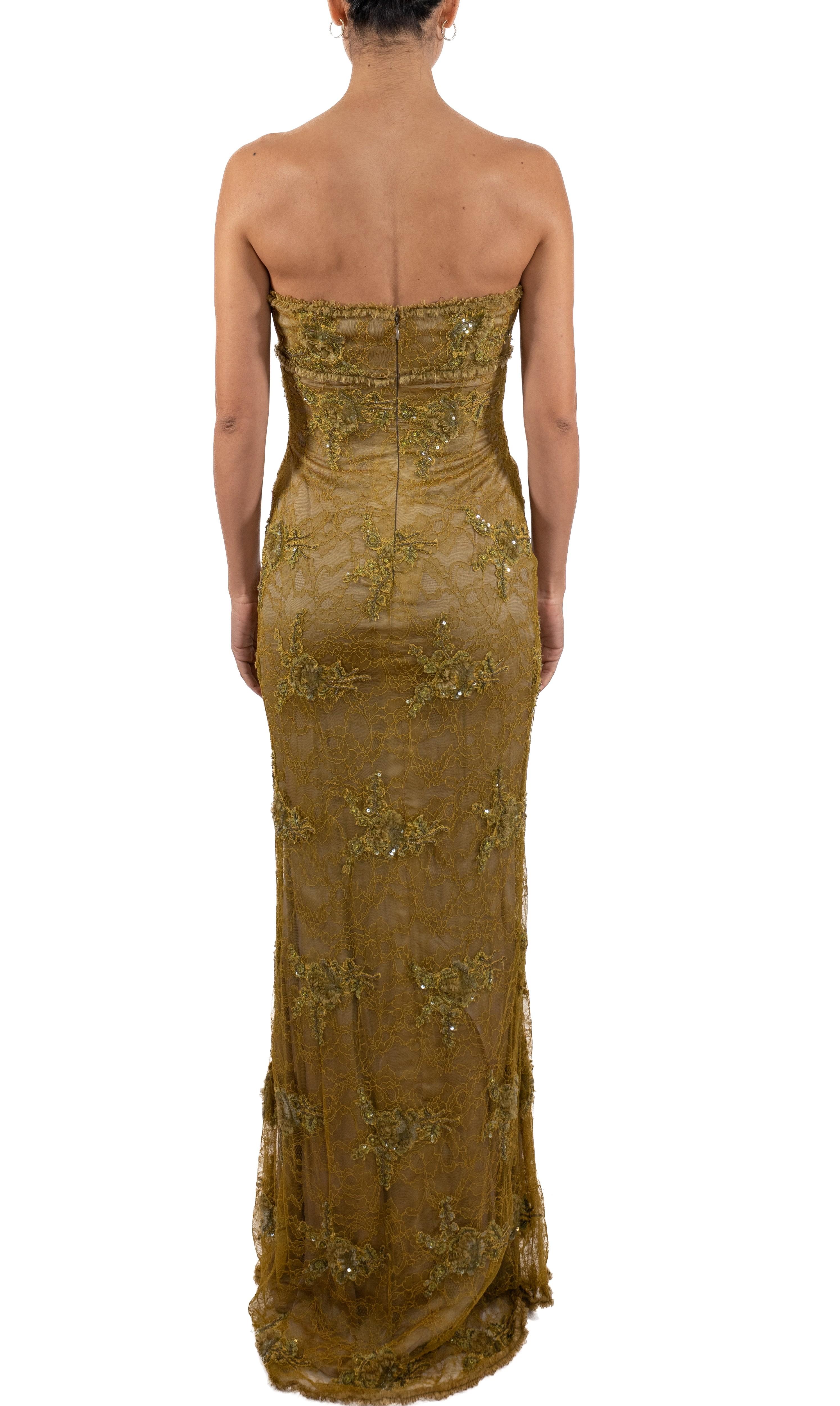 Brown 1990S Acid Green Beaded Silk & Lace Strapless Empire-Waist Gown For Sale