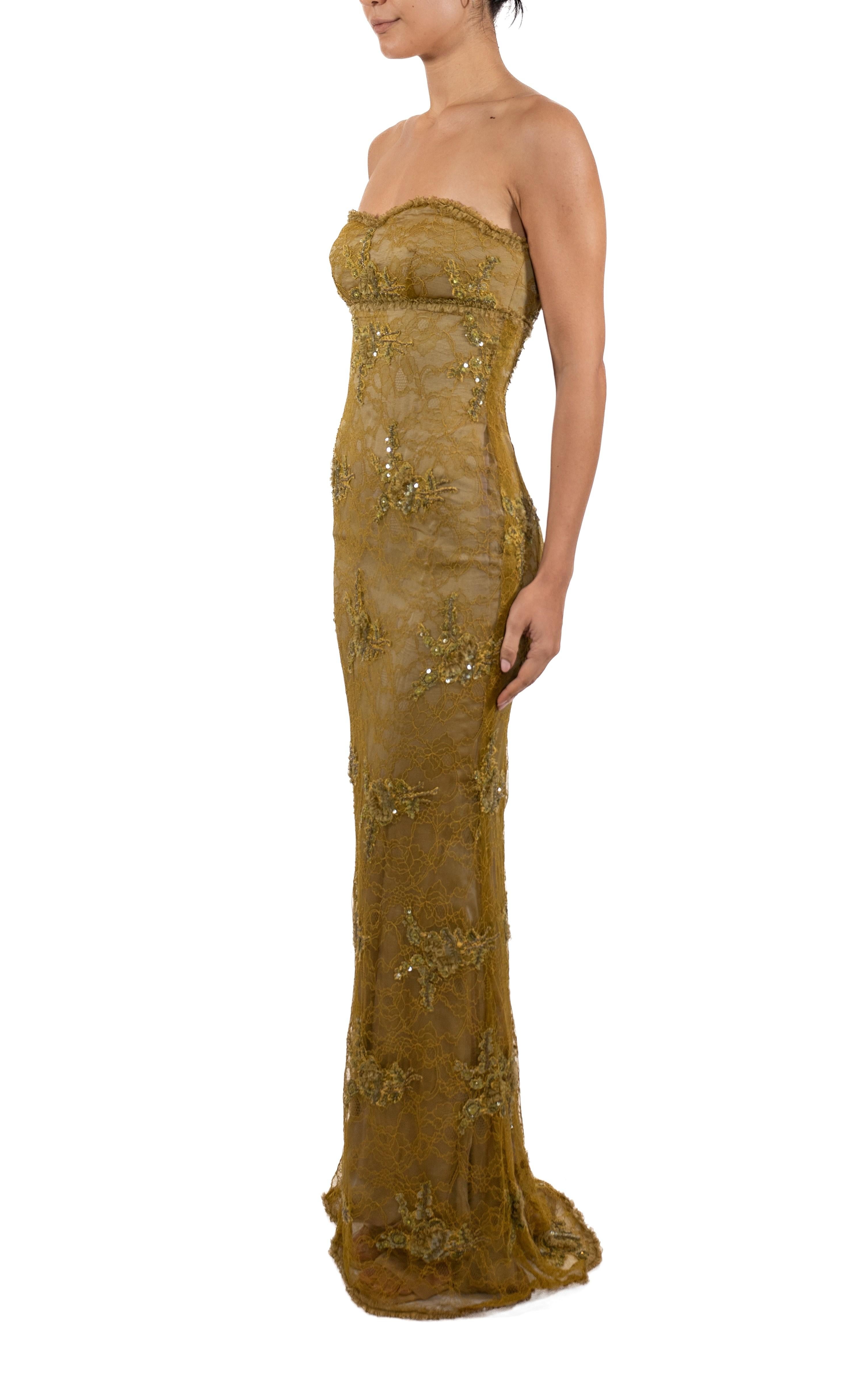 Women's 1990S Acid Green Beaded Silk & Lace Strapless Empire-Waist Gown For Sale