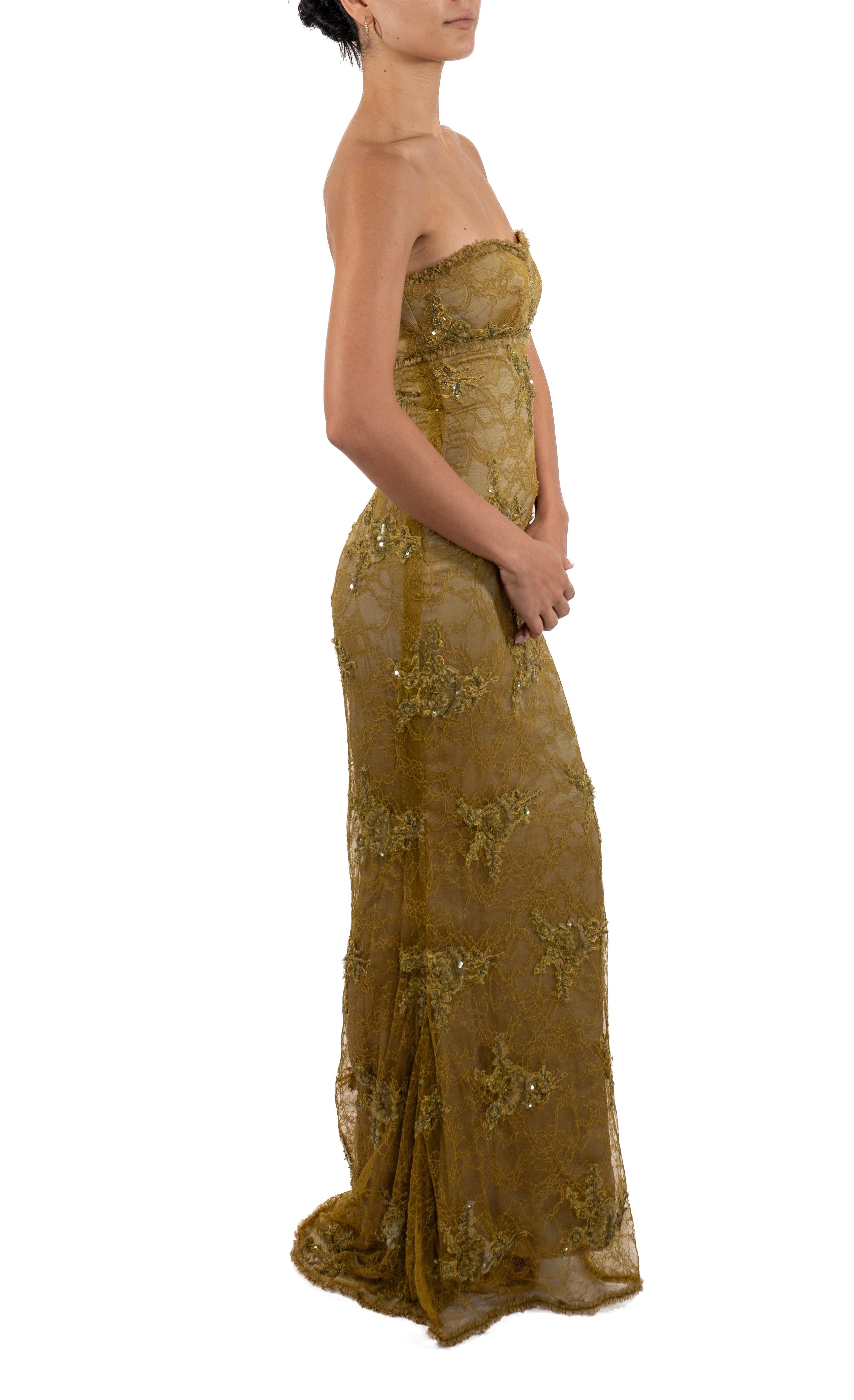1990S Acid Green Beaded Silk & Lace Strapless Empire-Waist Gown For Sale 1