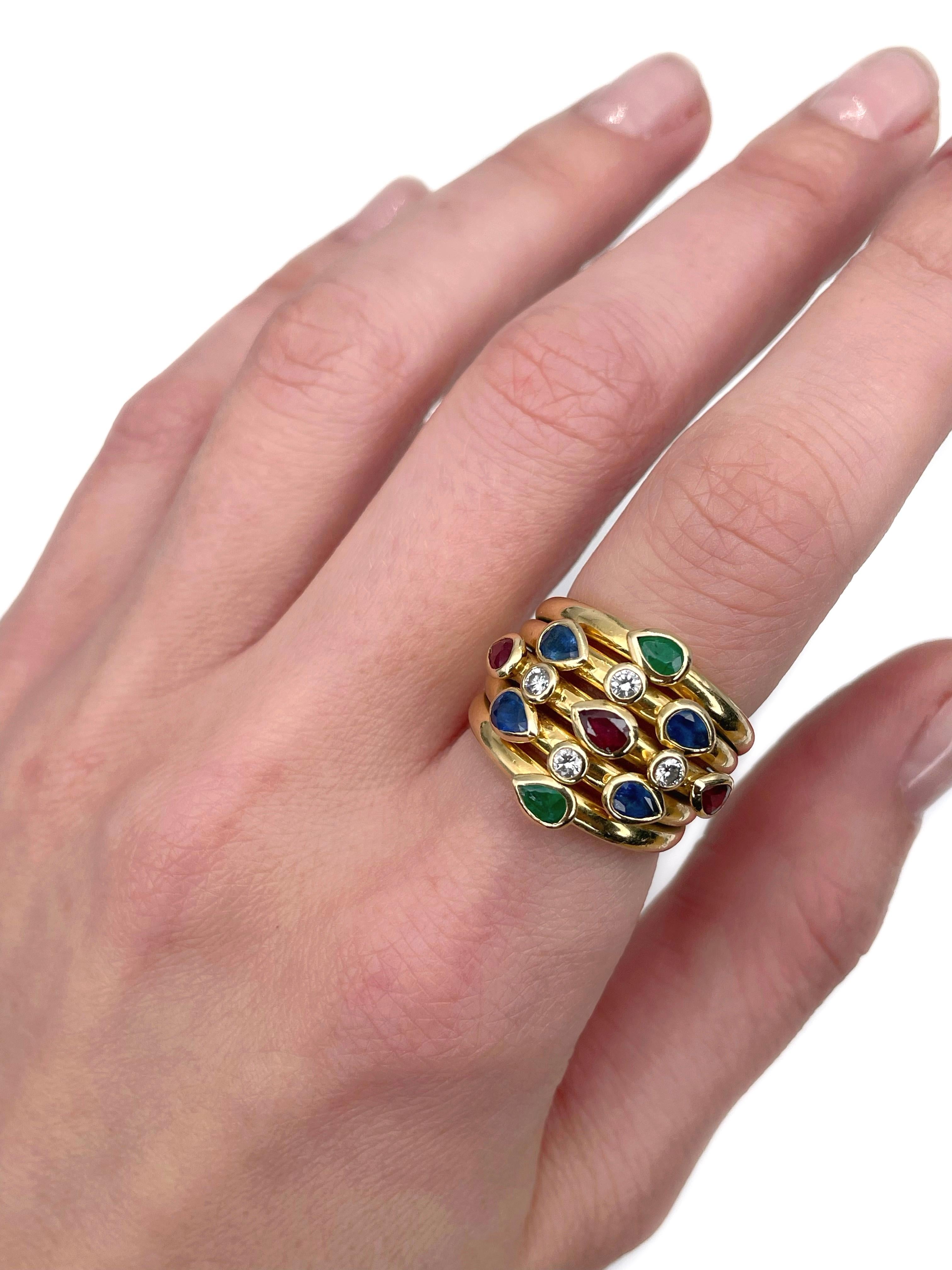 This is an amazing multi-gem five band ring designed by Adler for “Serail�” collection. Circa 1990. 

It is crafted in 18K yellow gold. The piece features:
- 3 rubies (pear cut, TW 0.50ct, slpR 7/4, VS-SI)
- 4 sapphires (pear cut, TW 0.60ct, vB 5/3,