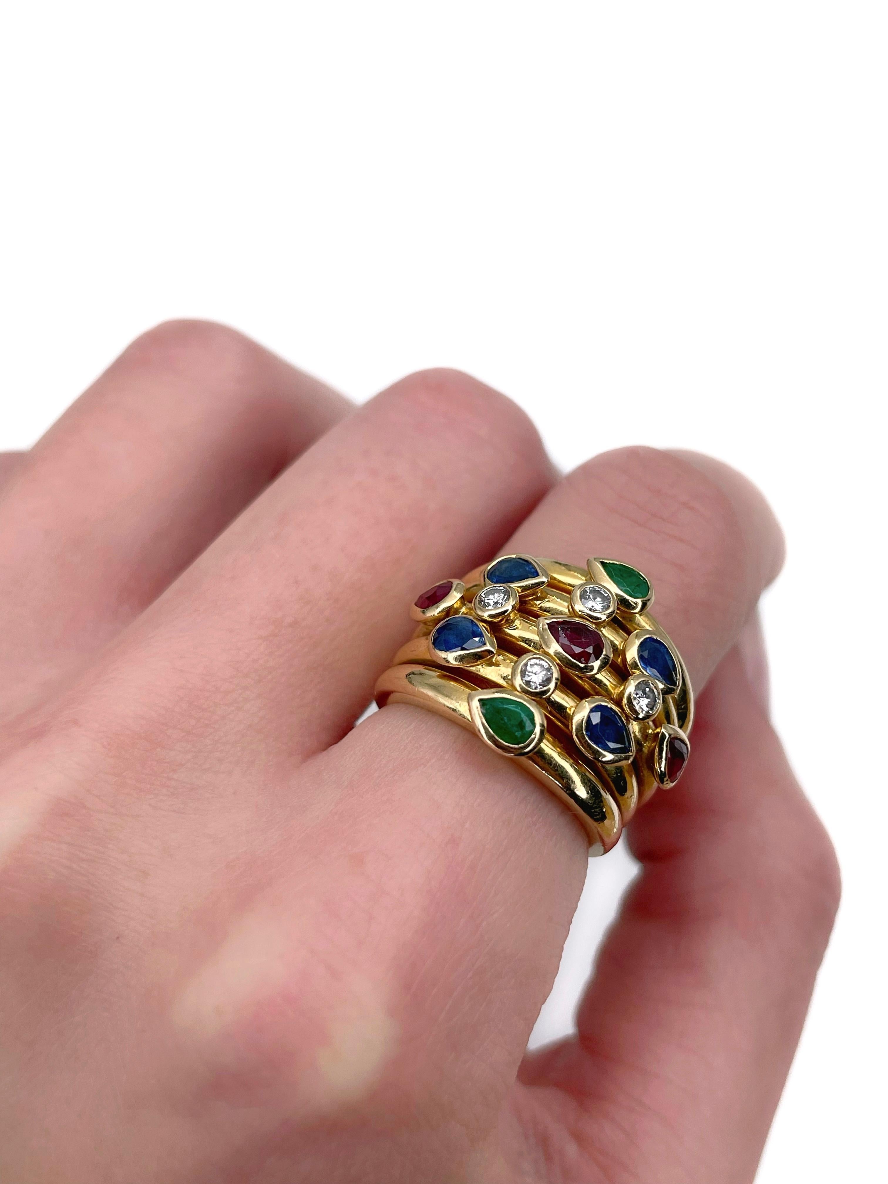 Modern 1990s Adler “Serail” 18 Karat Gold Ruby Sapphire Emerald Diamond Five Band Ring For Sale