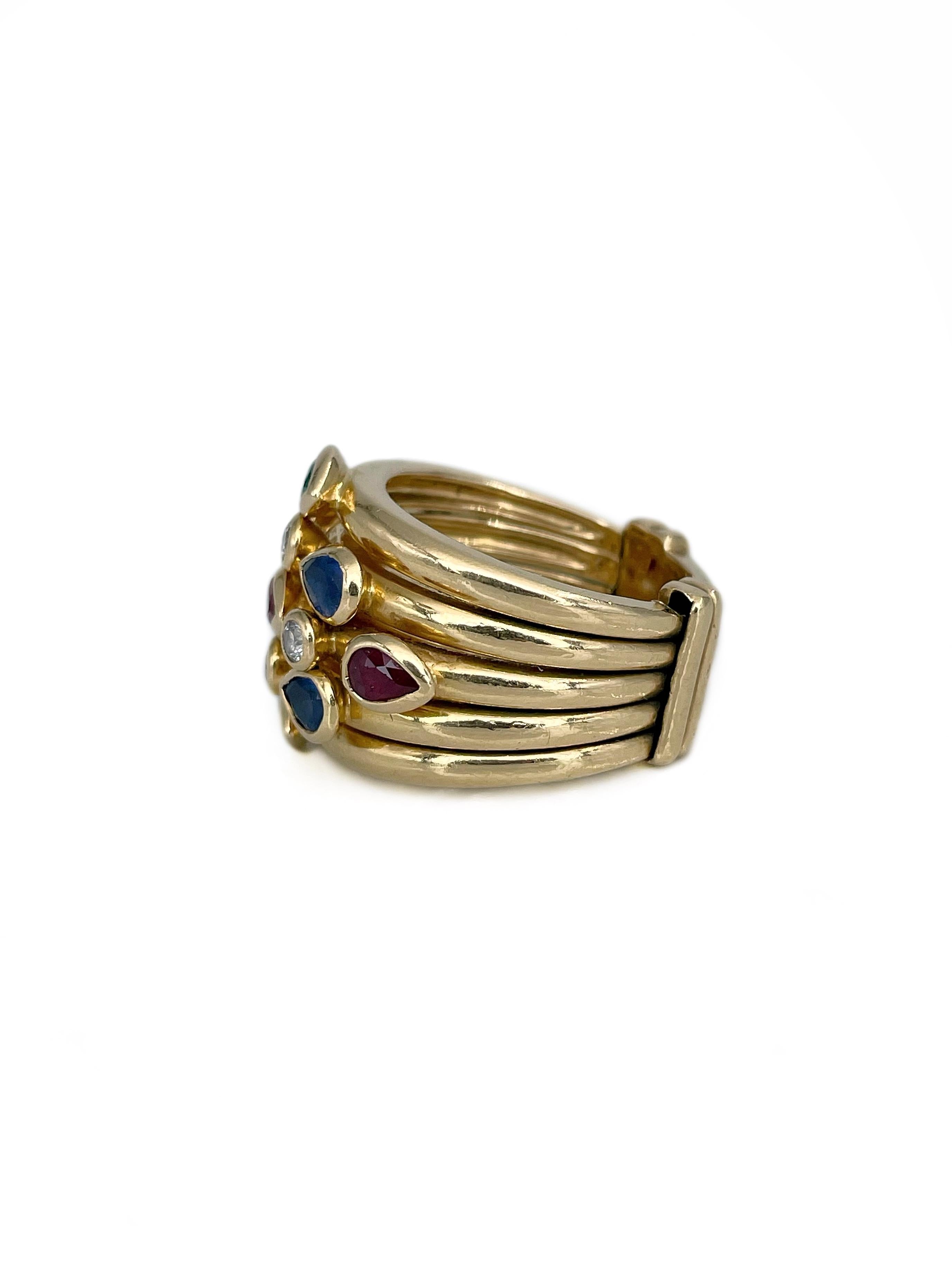 Mixed Cut 1990s Adler “Serail” 18 Karat Gold Ruby Sapphire Emerald Diamond Five Band Ring