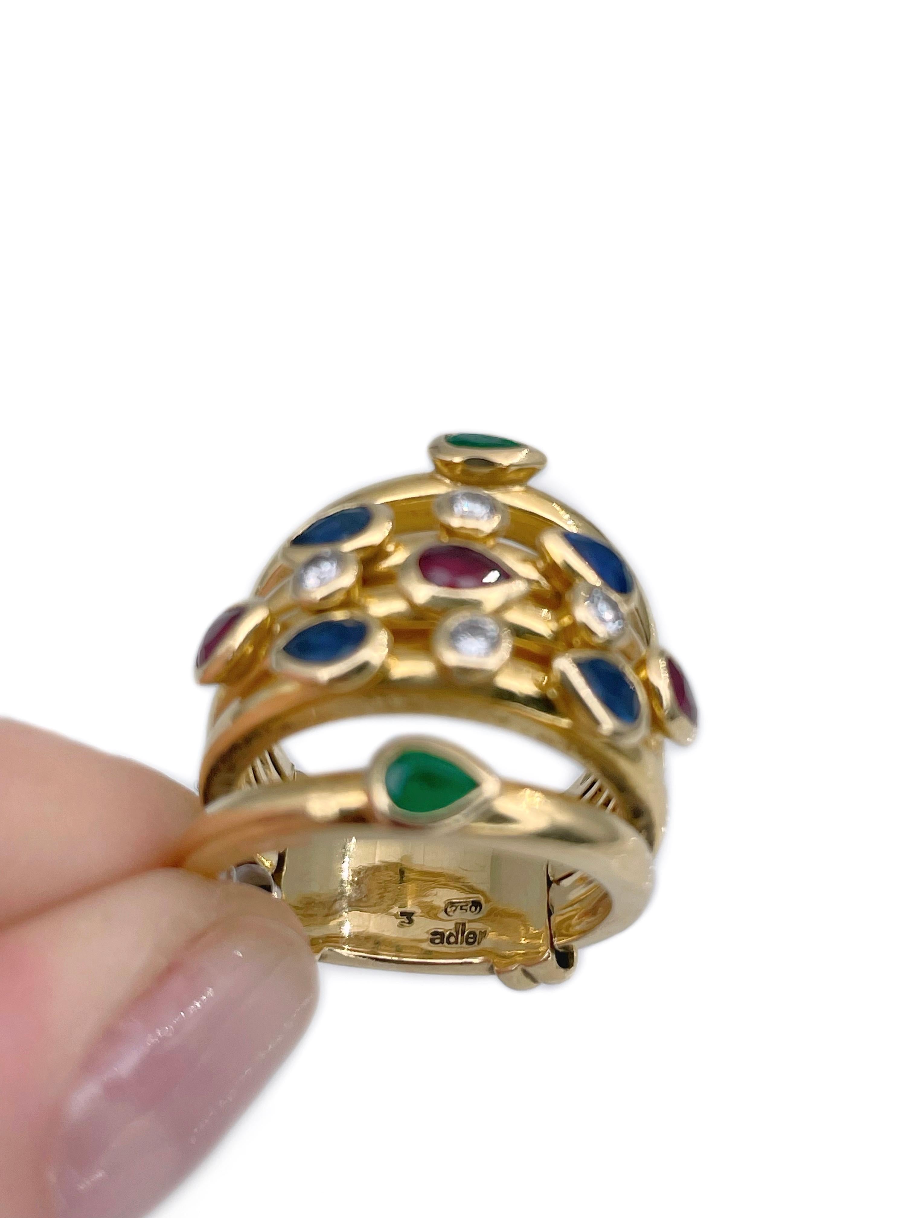 Women's 1990s Adler “Serail” 18 Karat Gold Ruby Sapphire Emerald Diamond Five Band Ring For Sale