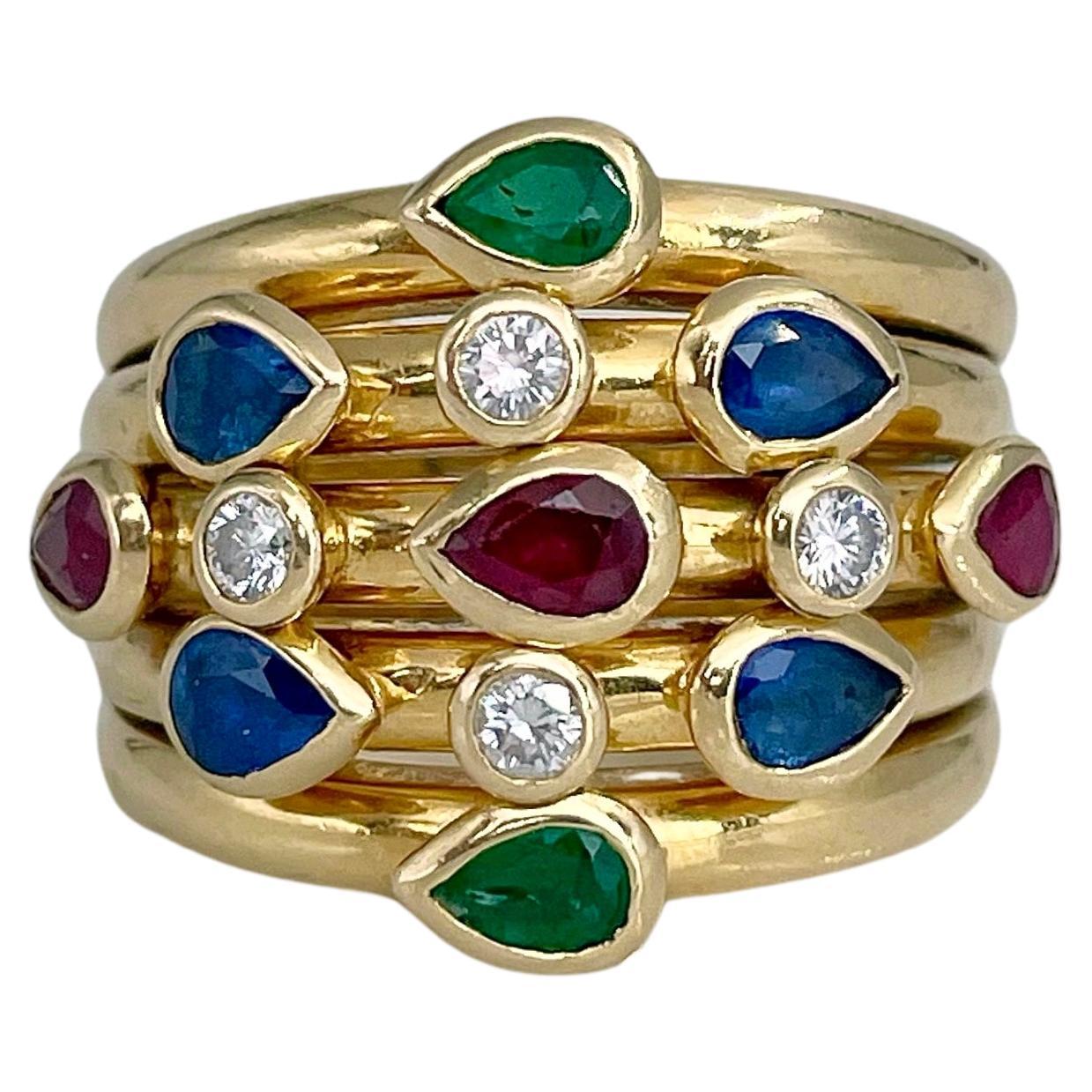 1990s Adler “Serail” 18 Karat Gold Ruby Sapphire Emerald Diamond Five Band Ring For Sale