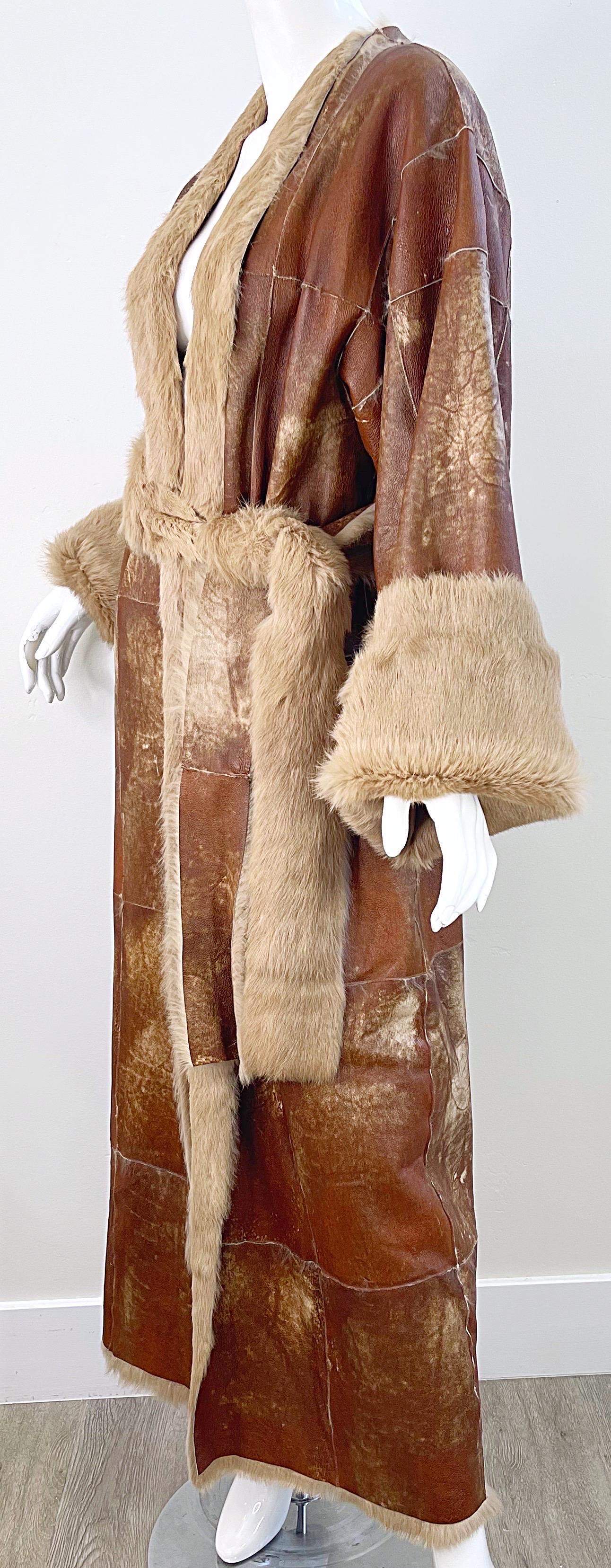 1990s Adrienne Landau Distressed Leather Fur Vintage 90s Trench Jacket Coat For Sale 6