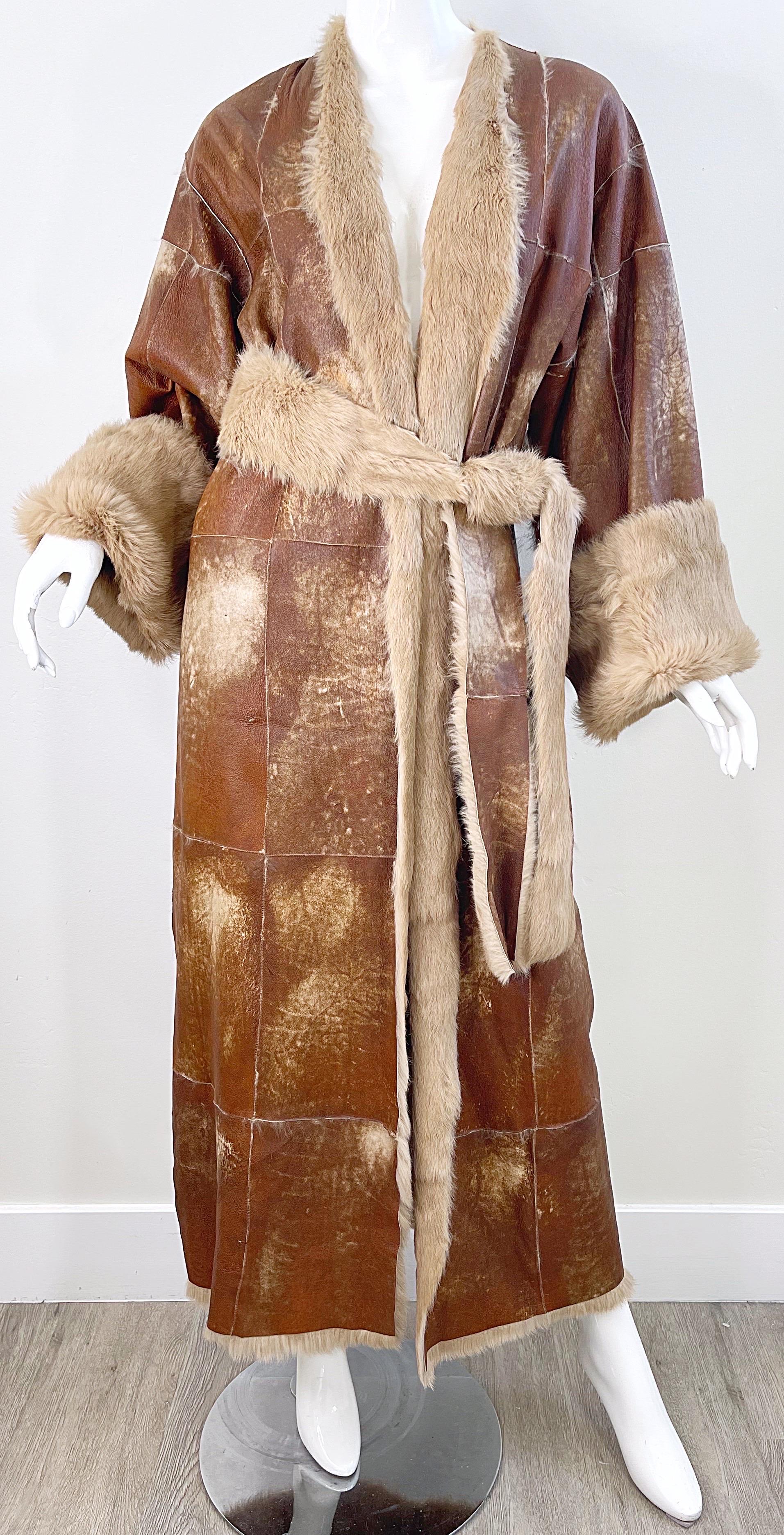 1990s Adrienne Landau Distressed Leather Fur Vintage 90s Trench Jacket Coat For Sale 7