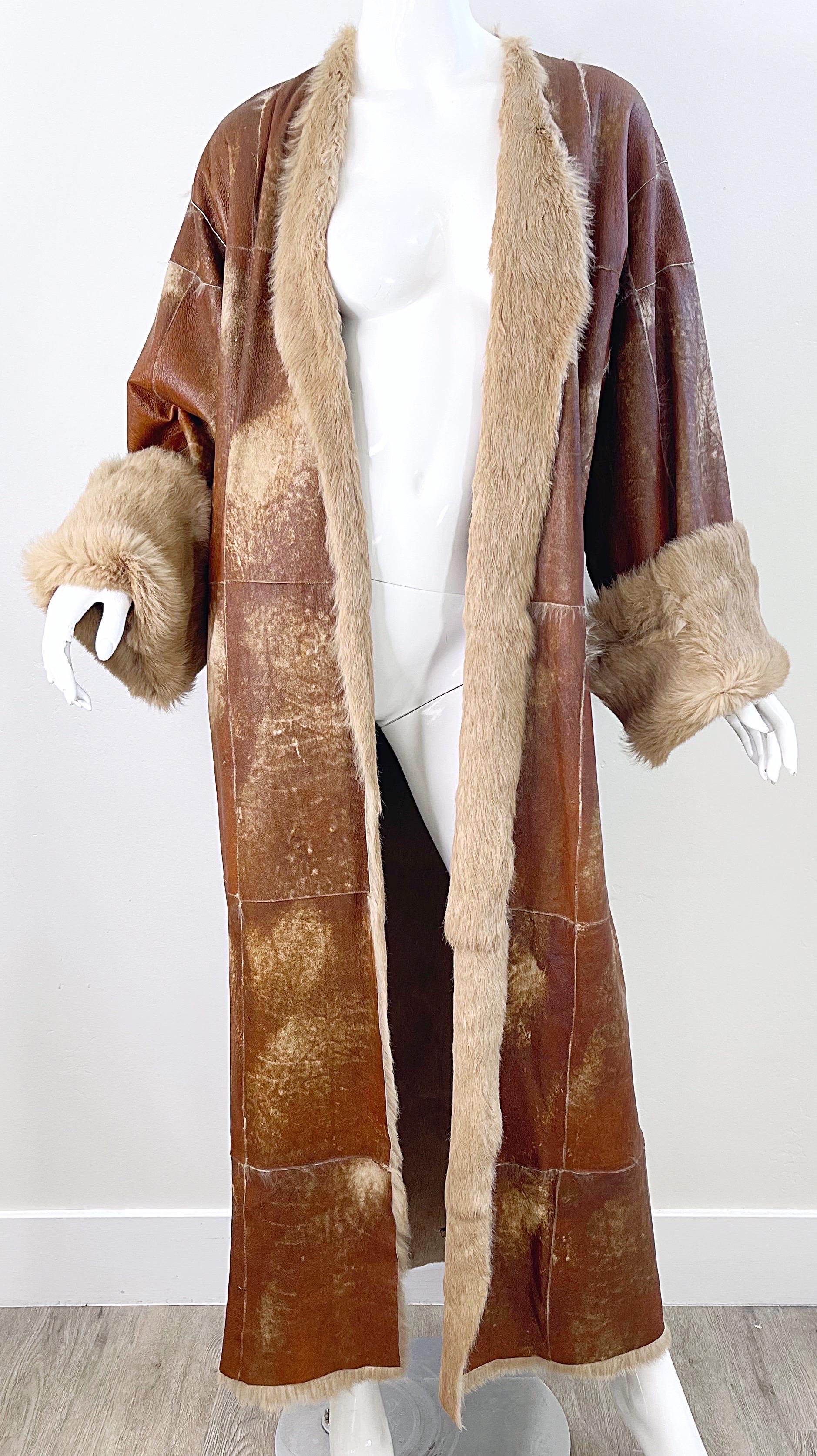 1990s Adrienne Landau Distressed Leather Fur Vintage 90s Trench Jacket Coat For Sale 8