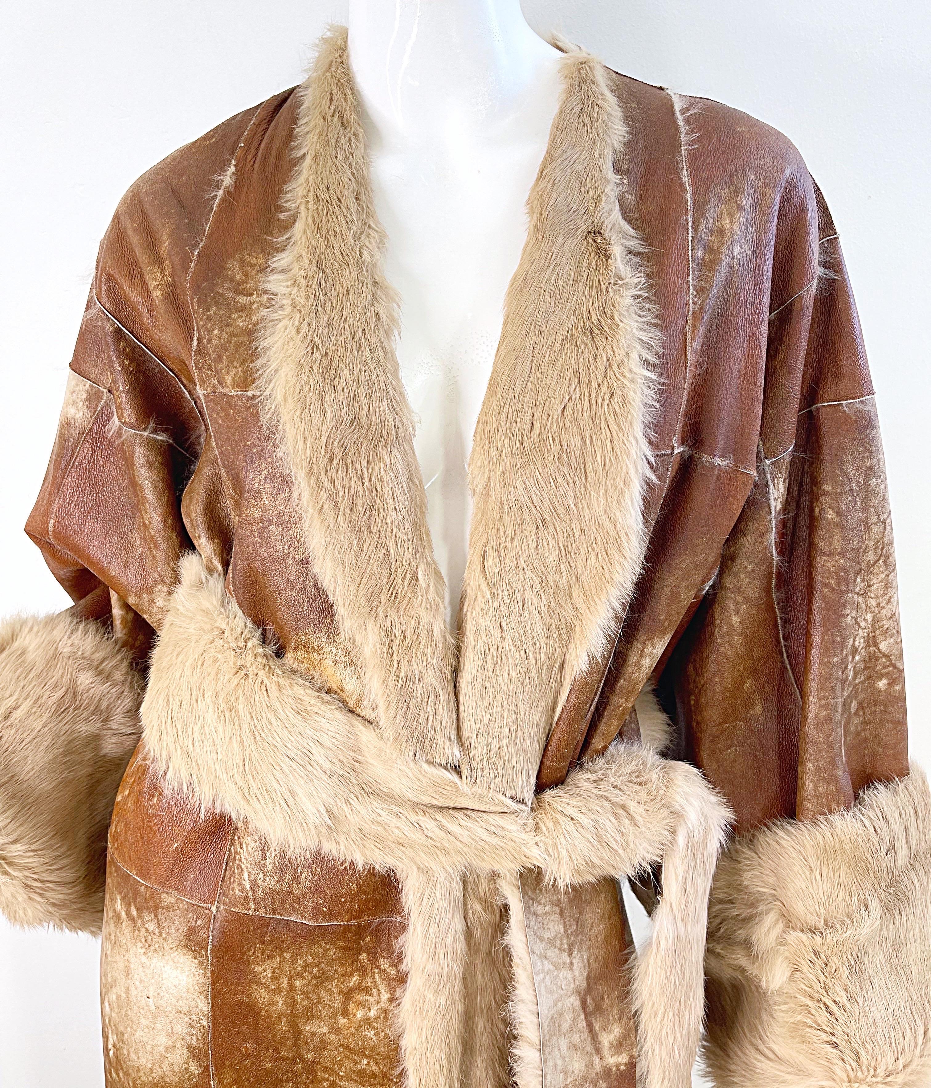 1990s Adrienne Landau Distressed Leather Fur Vintage 90s Trench Jacket Coat In Excellent Condition For Sale In San Diego, CA